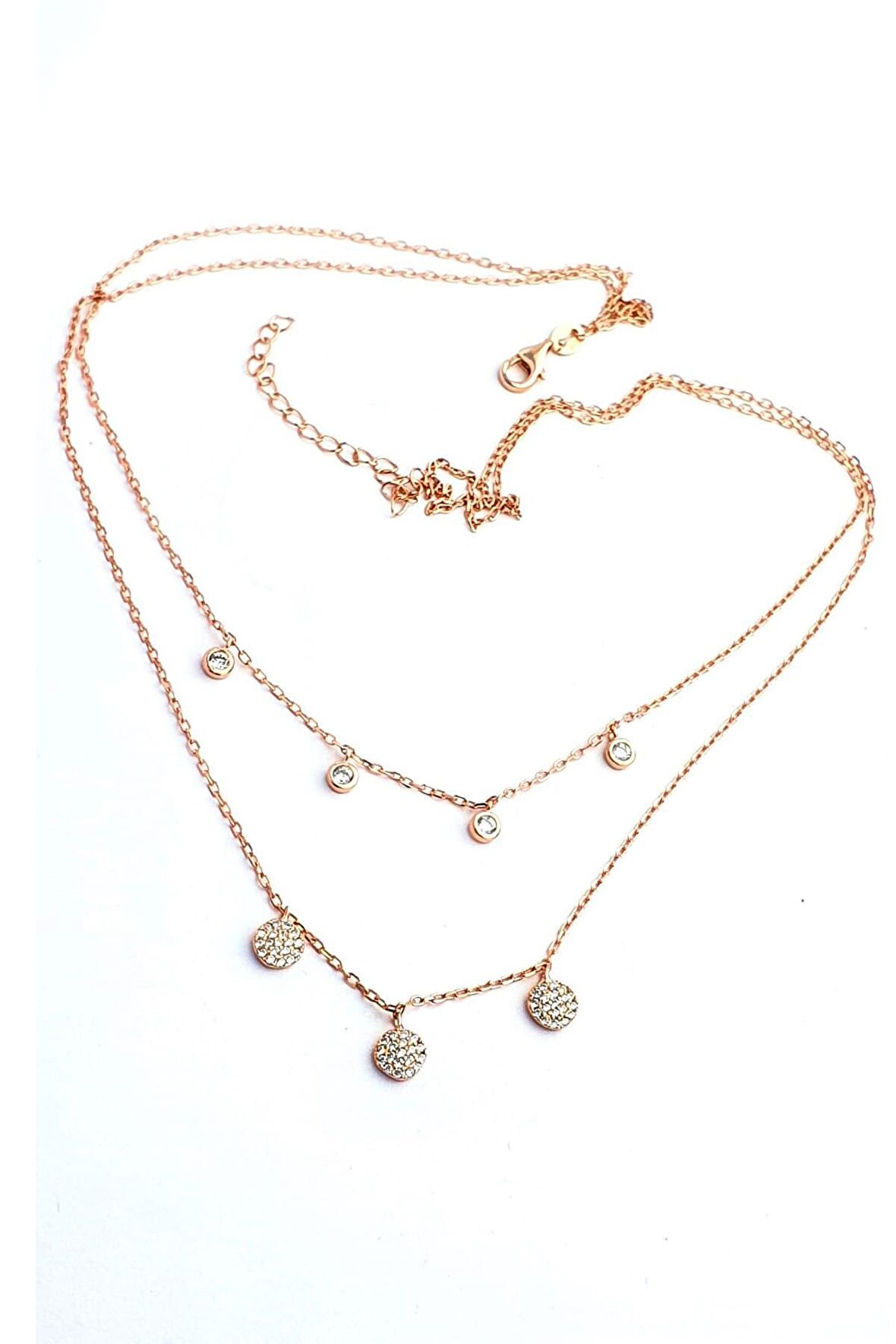 Swarovski Taşlı 925 ayar Gümüş Rose İkili Kolye 