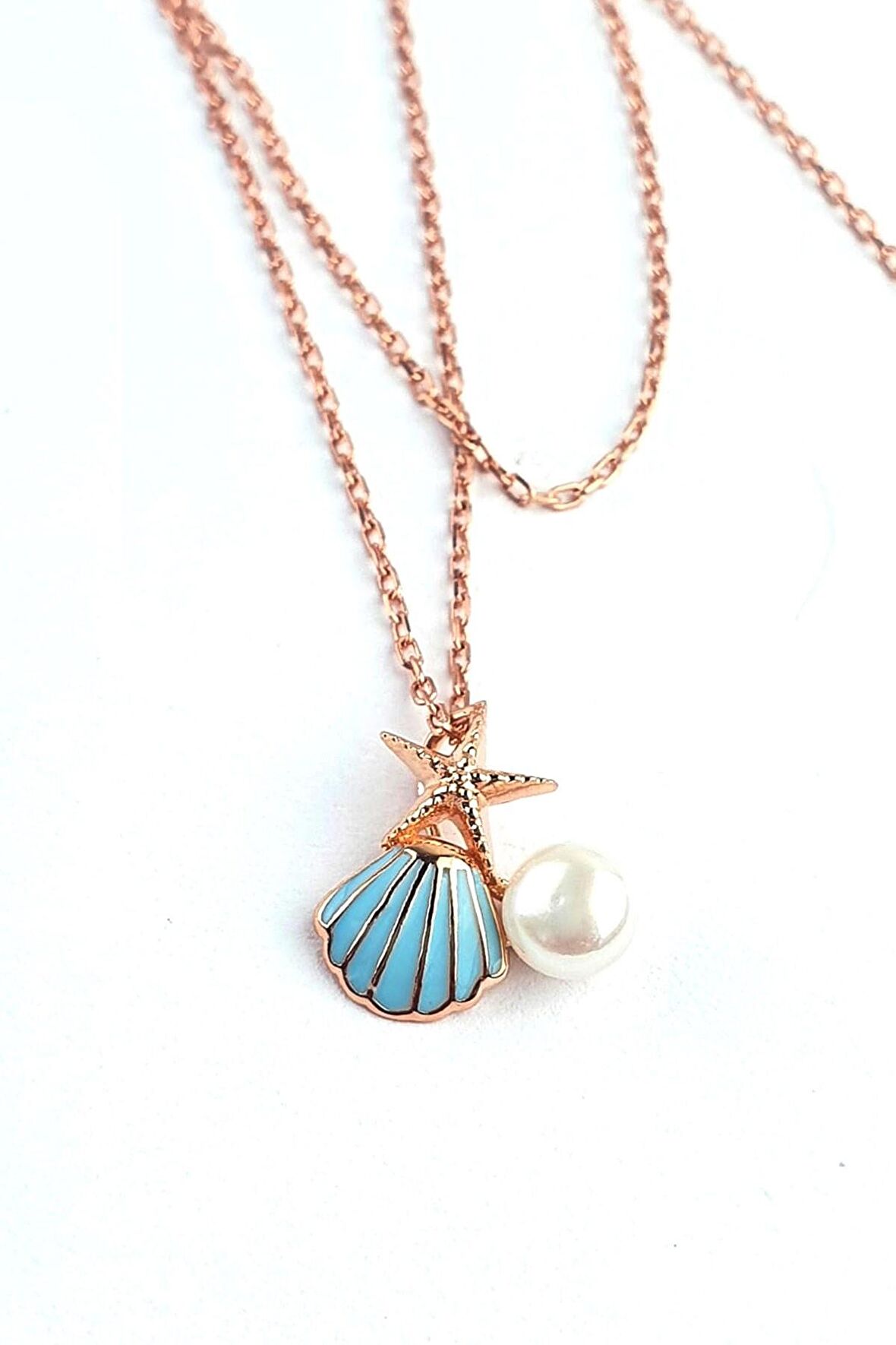 Mineli 925ayar Gümüş Rose Deniz Kabuğu ve Yıldızı inci detaylı tasarım kolye 