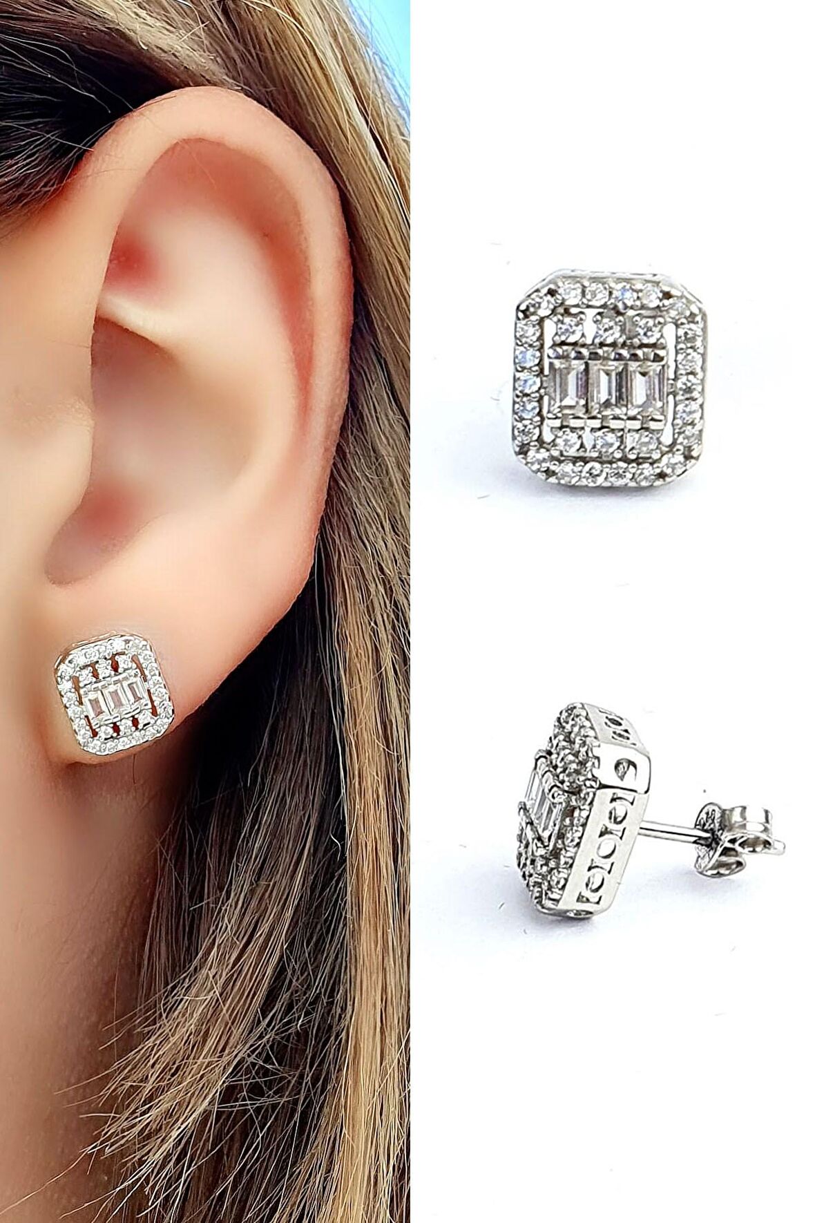 Pırlanta Parlaklığında Baget Zirkon Taşlı 925 ayar Gümüş Baget Küpe 