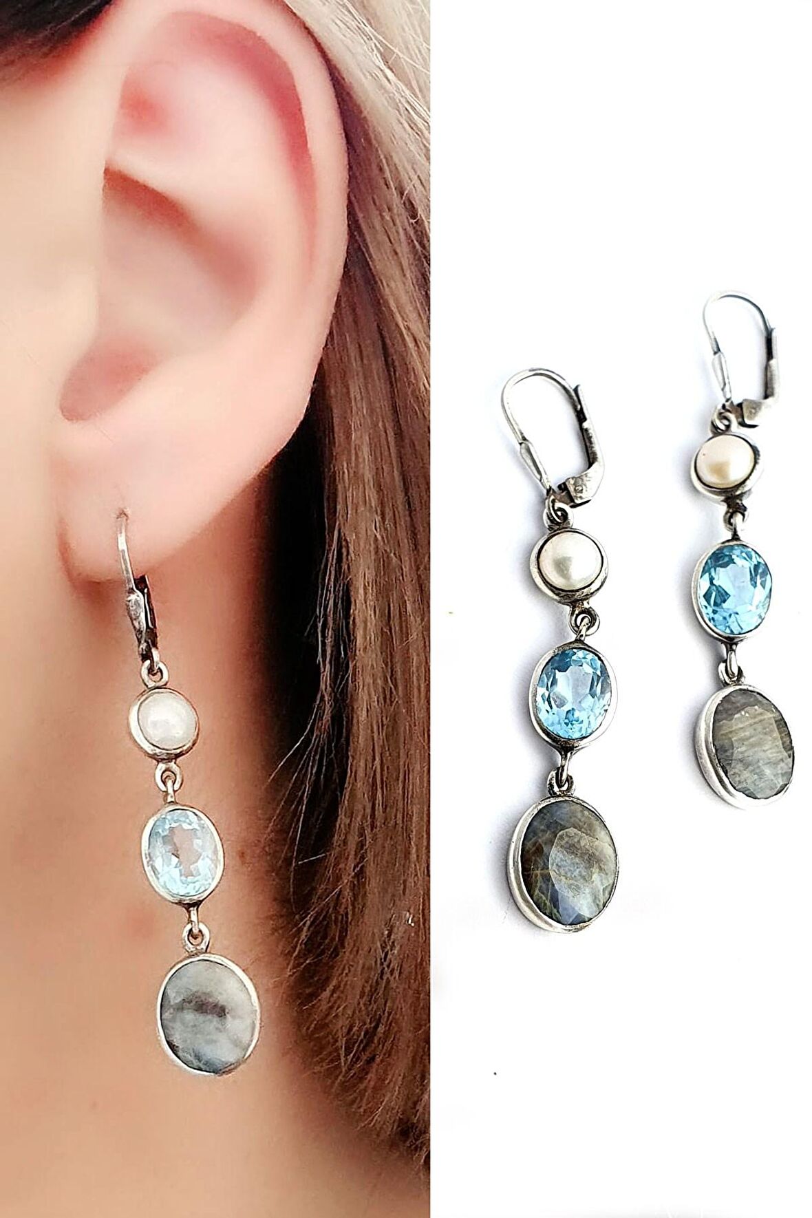 Labrodorite Aquamarin ve İncili 925 ayar Gümüş Doğal taş Küpe