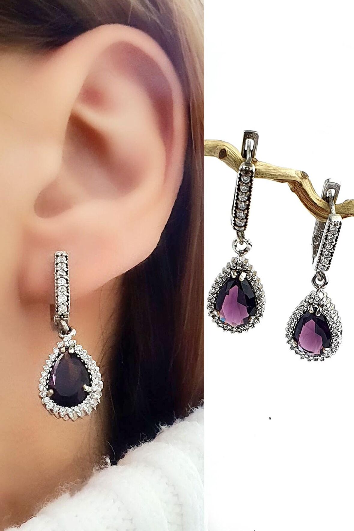 Pırlanta Montür Zirkon Taşlı Ametist 925 ayar gümüş damla küpe 