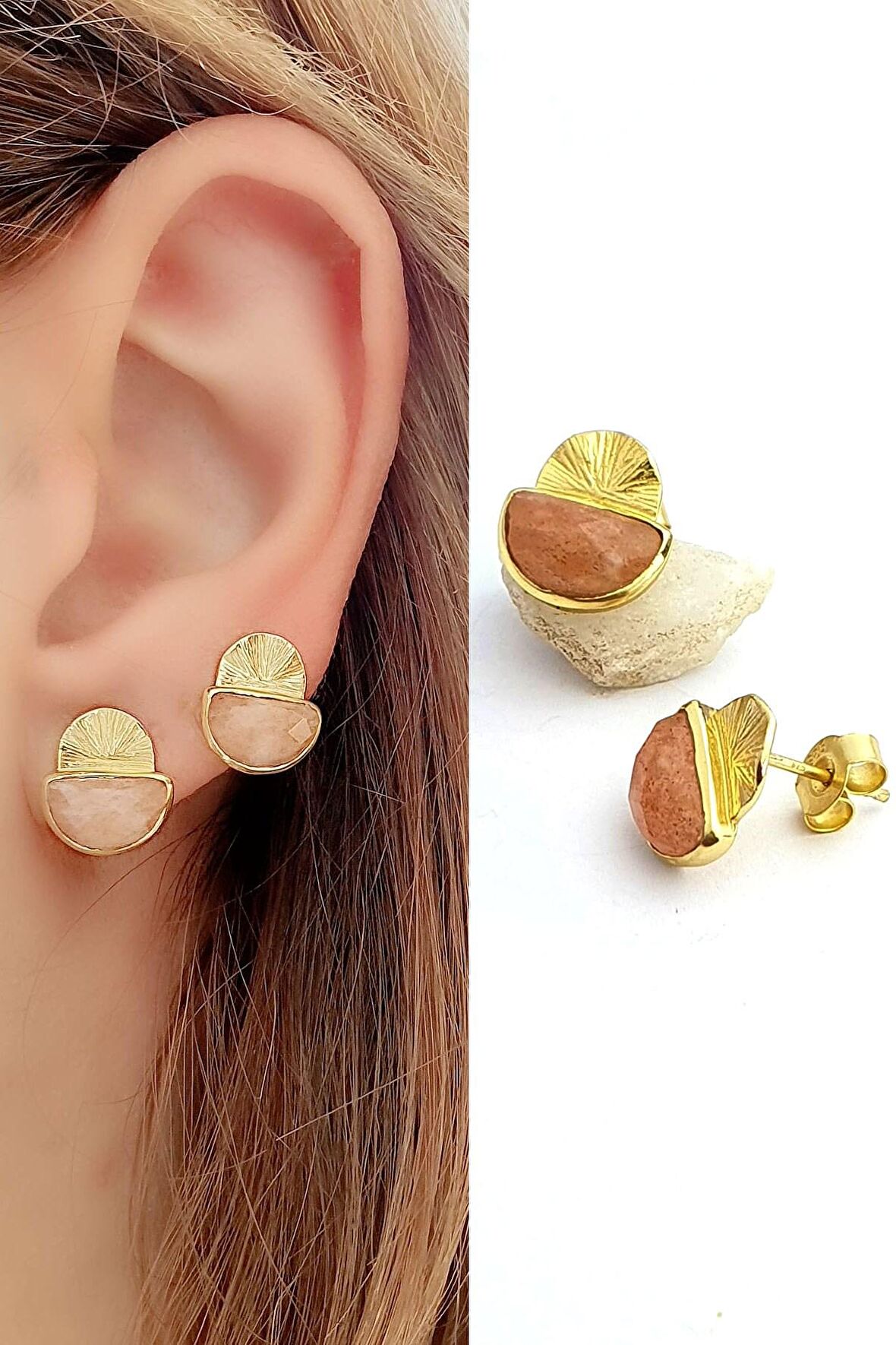 Pembe Turmalin Taşlı 925ayar Gümüş Üzerine Altın Kaplama Tasarım Küpe 