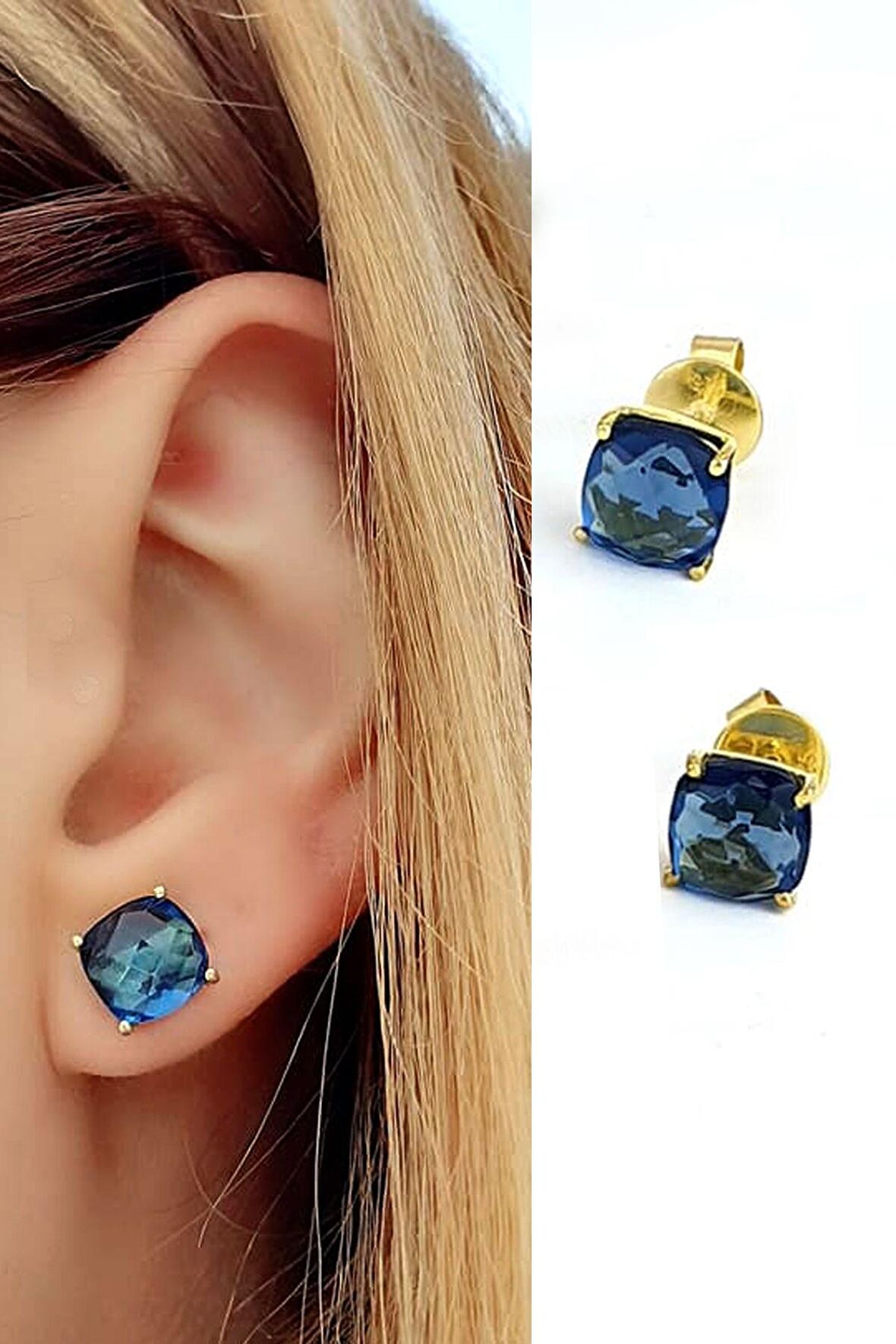 Aquamarin Taşlı 925ayar Gümüş Üzerine Altın Kaplama Tasarım Küpe  