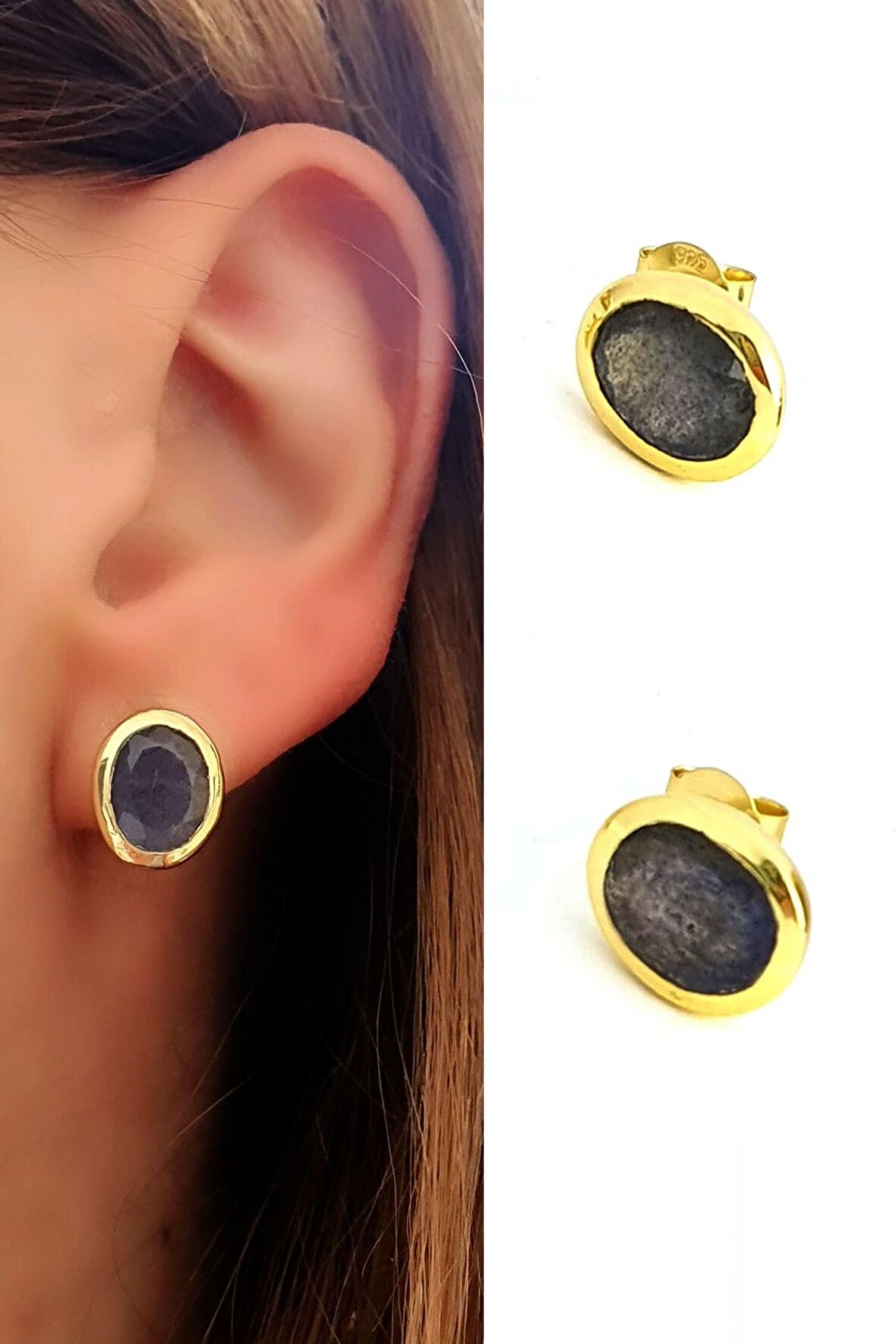 Labrodorite Taşlı 925ayar Gümüş üzerine Altın Kaplama tasarım Doğal Taş oval küpe