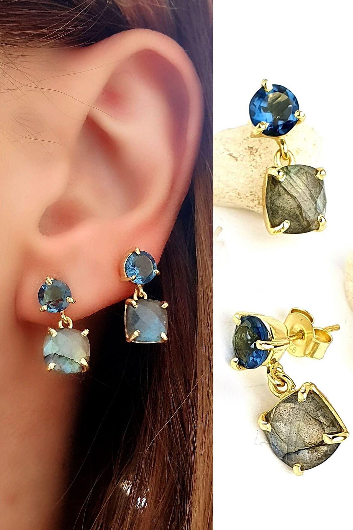 Aquamarin ve Labrodorit Taşlı 925ayar Gümüş Üzerine Altın Kaplama Tasarım Doğal Taş Küpe