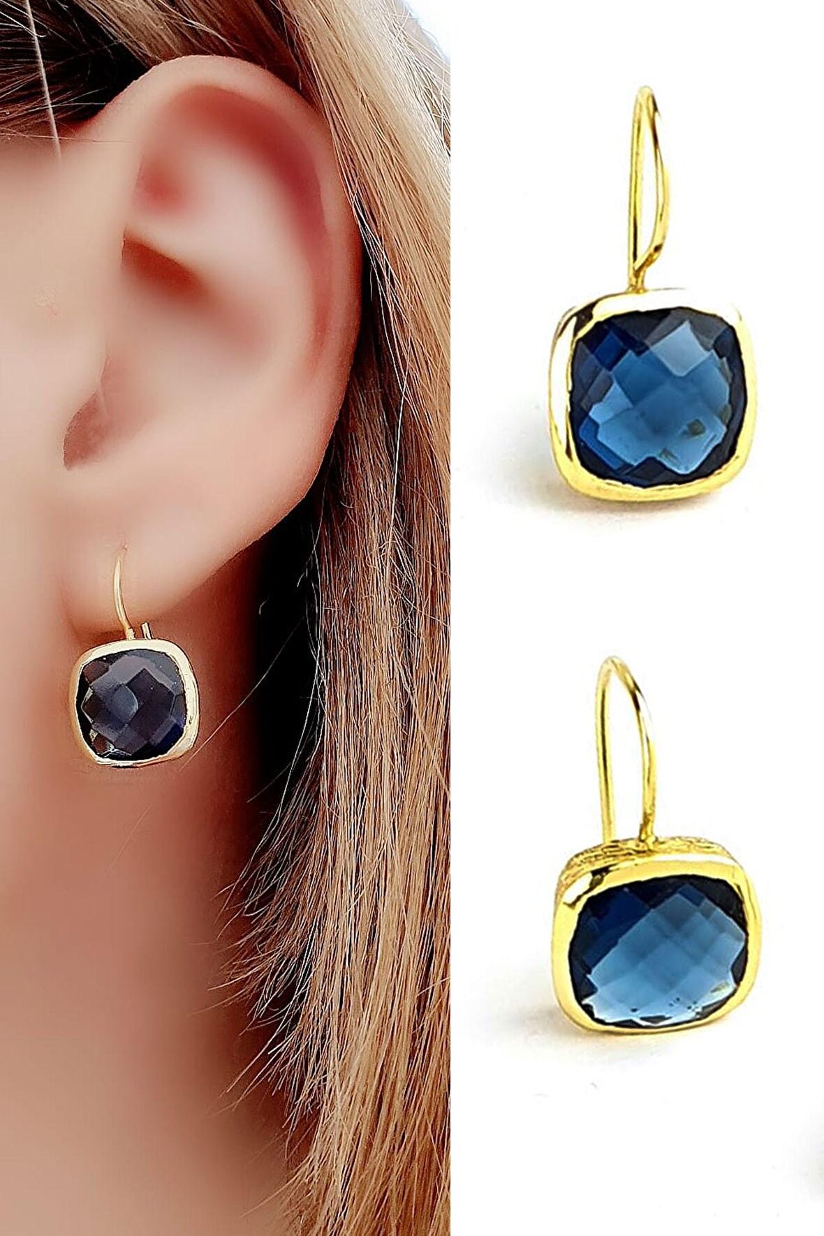 Aquamarin Taşlı 925ayar Gümüş Üzerine Altın Kaplama Tasarım Doğal Taş Küpe