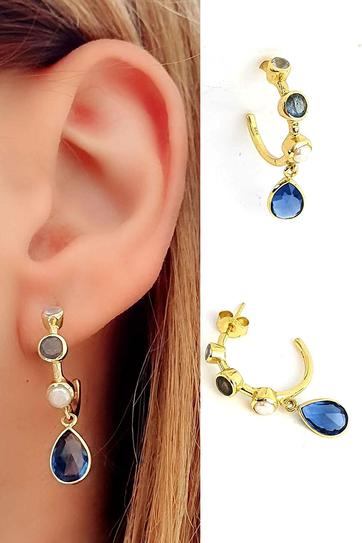 Ay taşı labrodorite inci ve Aquamarin Taşlı 925ayar Gümüş Üzerine Altın Kaplama Tasarım Doğal Taş halka Küpe