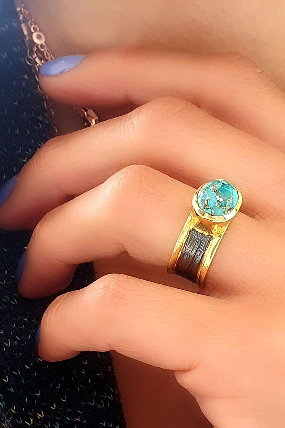 Turkuaz Taşlı 925ayar Gümüş üzerine Altın kaplama tasarım Doğal Taş Yüzük