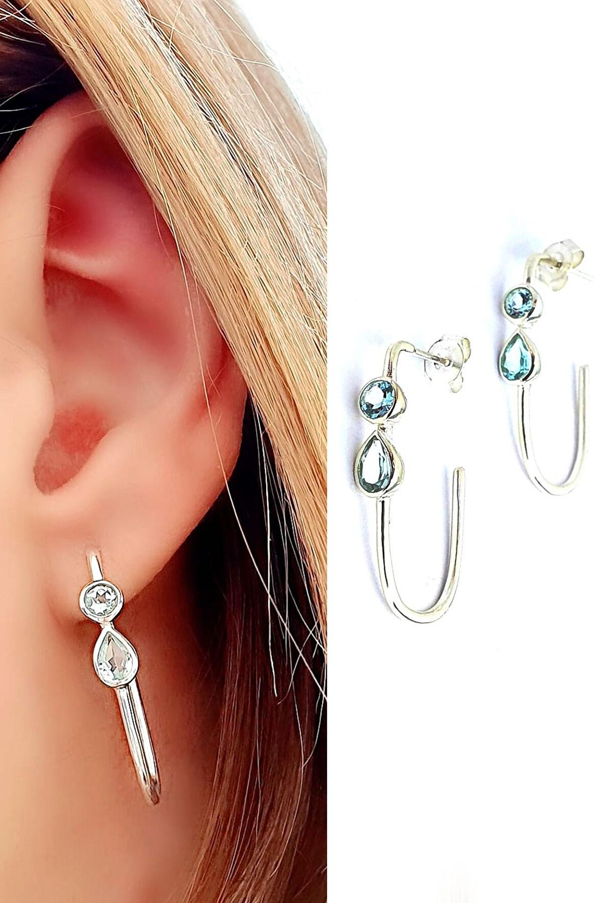 Mavi Topaz Taşlı 925ayar Gümüş Yarım Halka Oval Küpe