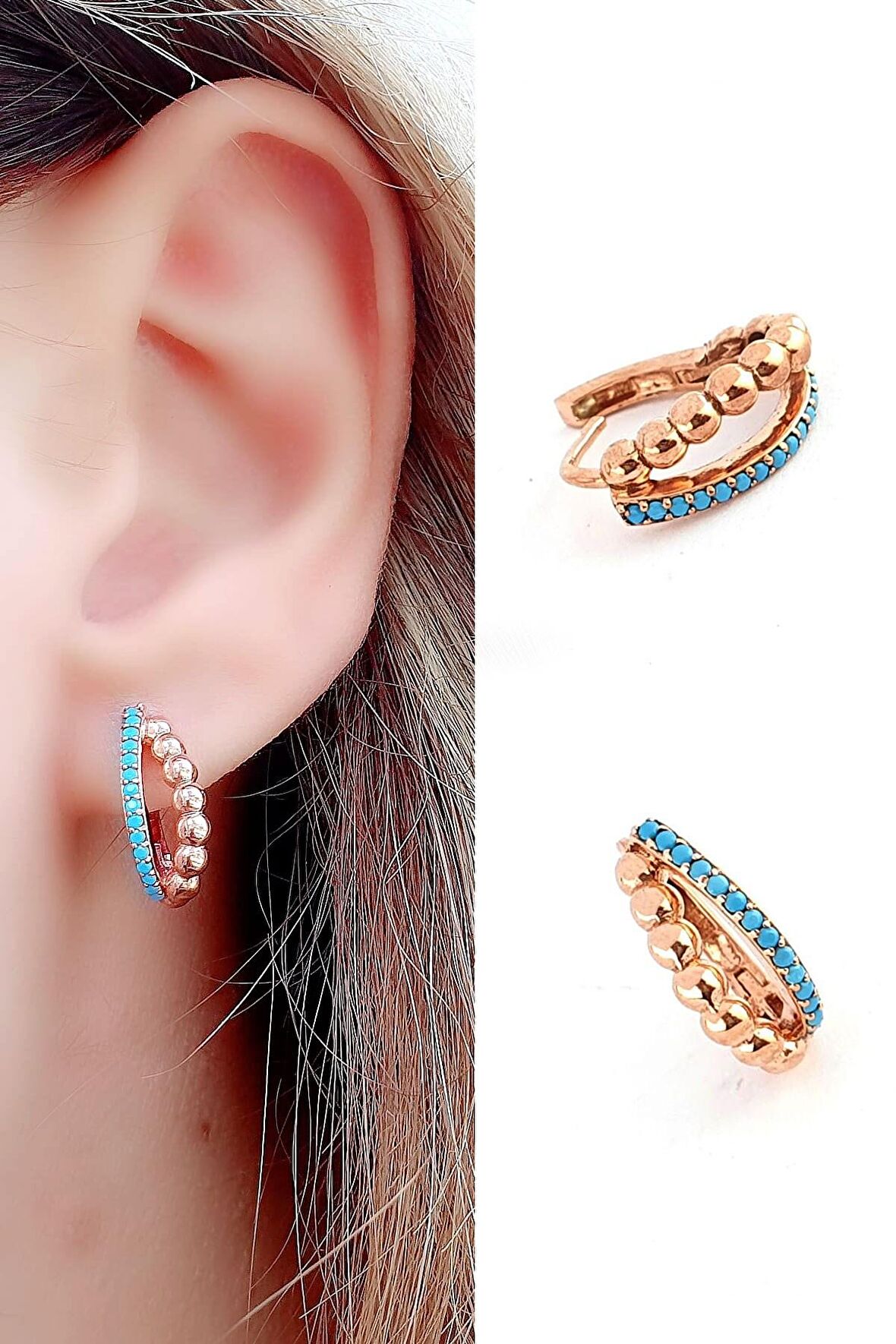 Turkuaz Taşlı 925 ayar Gümüş Rose Halka Küpe 