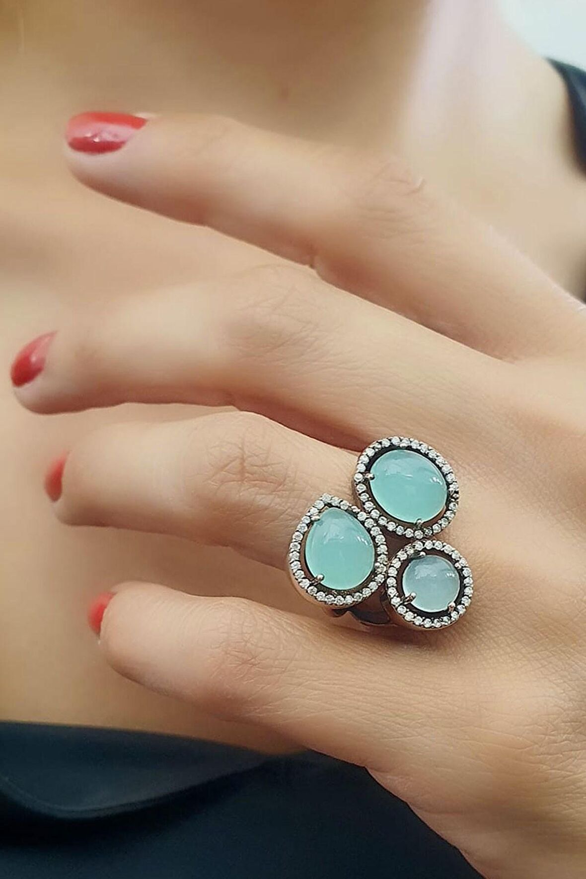 Kalsedon Taşlı Zirkon Taş Detaylı 925ayar Gümüş Rose İtalyan Tasarımı Yüzük