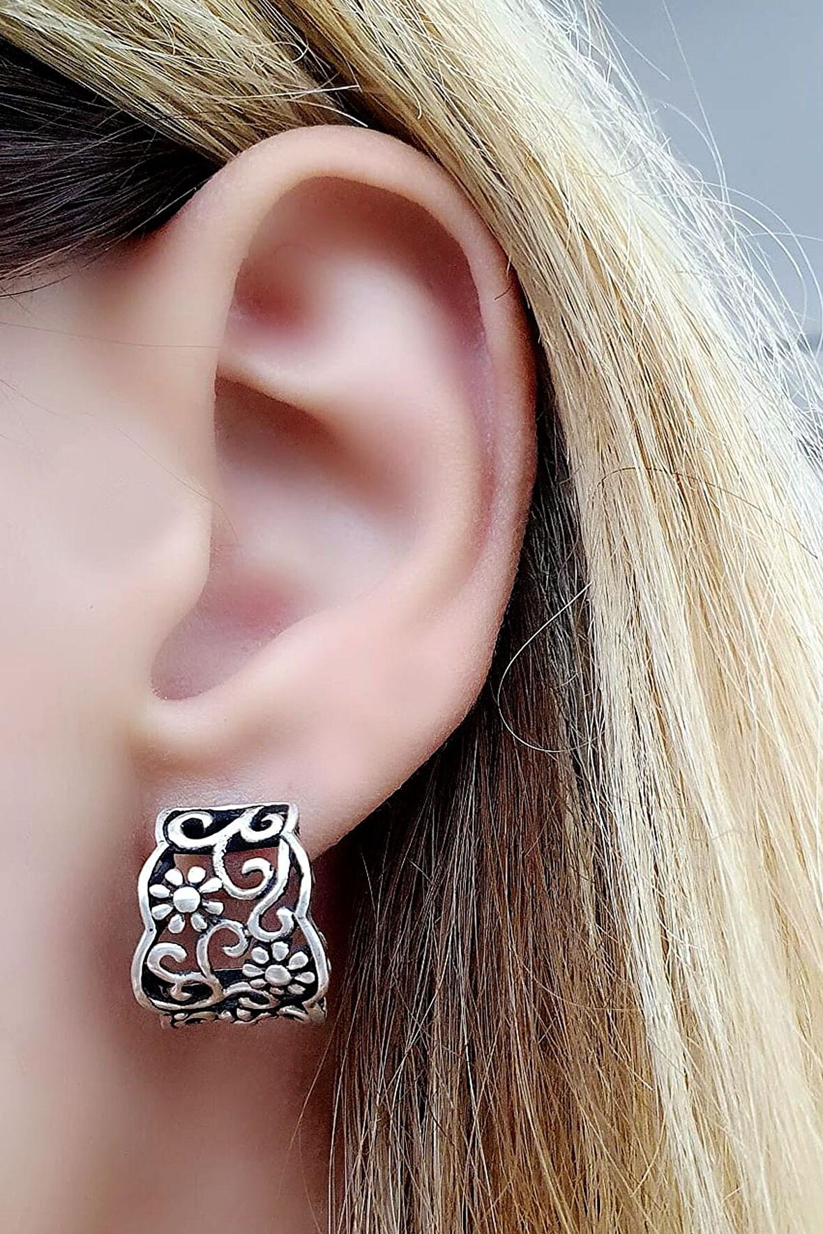 925ayar Gümüş Tasarım Bohem Yarim Halka Küpe 