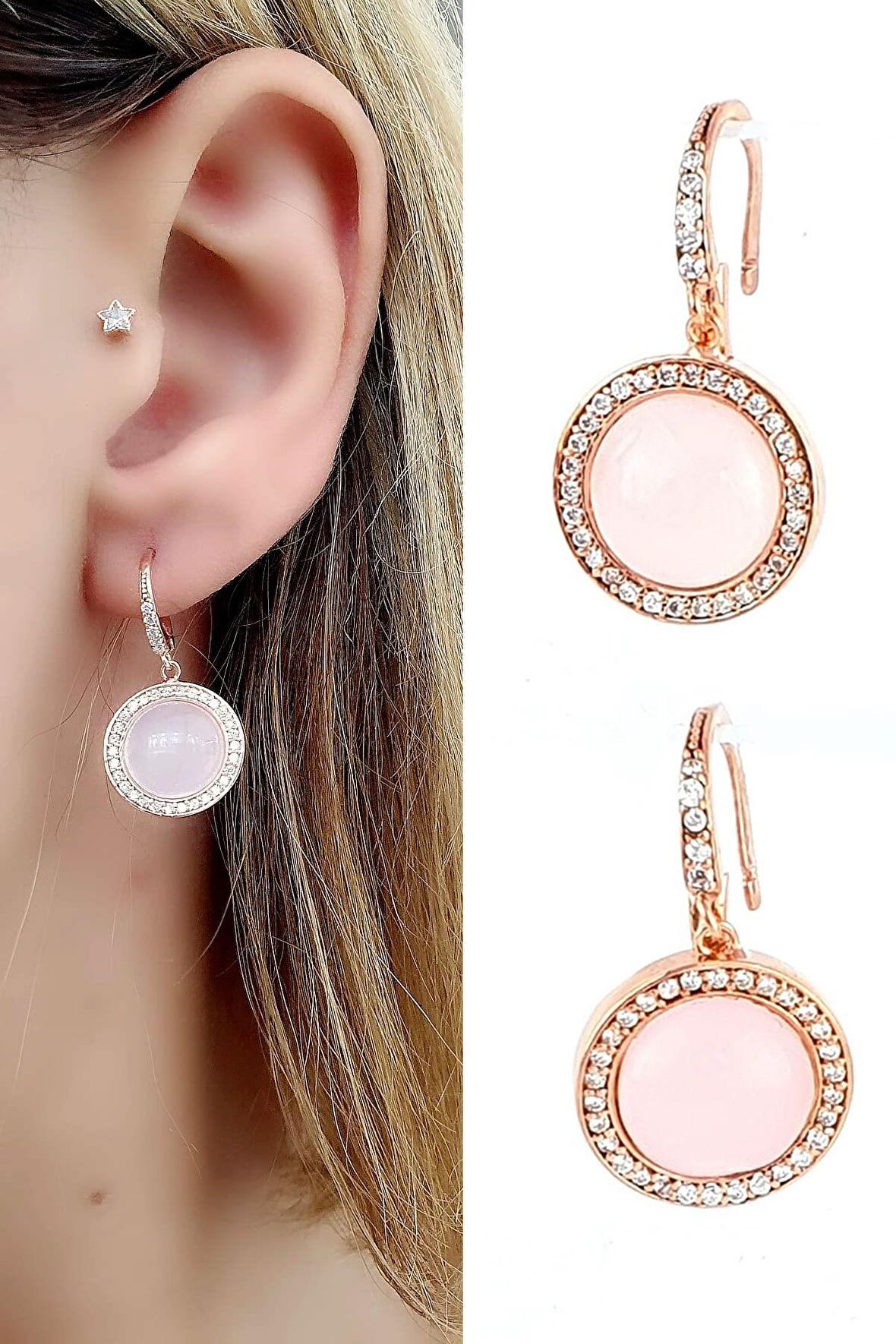 Pembe Kuvars Taşlı Zirkon Taş Detaylı 925 ayar Gümüş Rose İtalyan küpe 