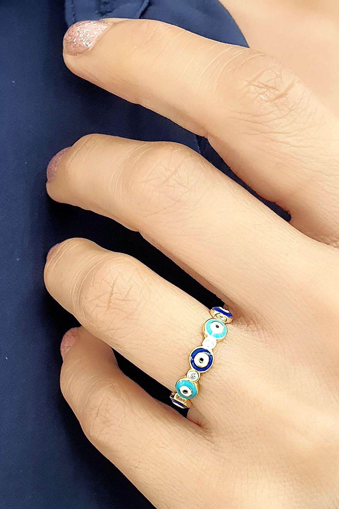 Mineli 925ayar Gümüş Üzerine Altın Kaplama Nazar Boncuklu Tamtur Yüzük 