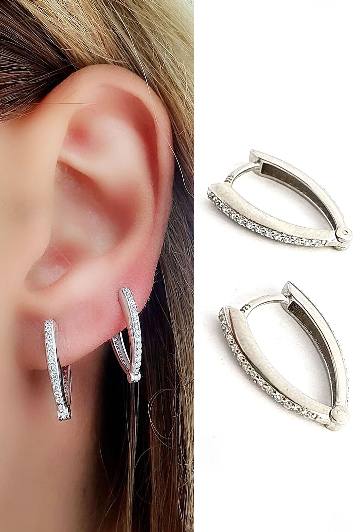 Zirkon Taş Detaylı 925ayar Gümüş  V Halka Küpe 