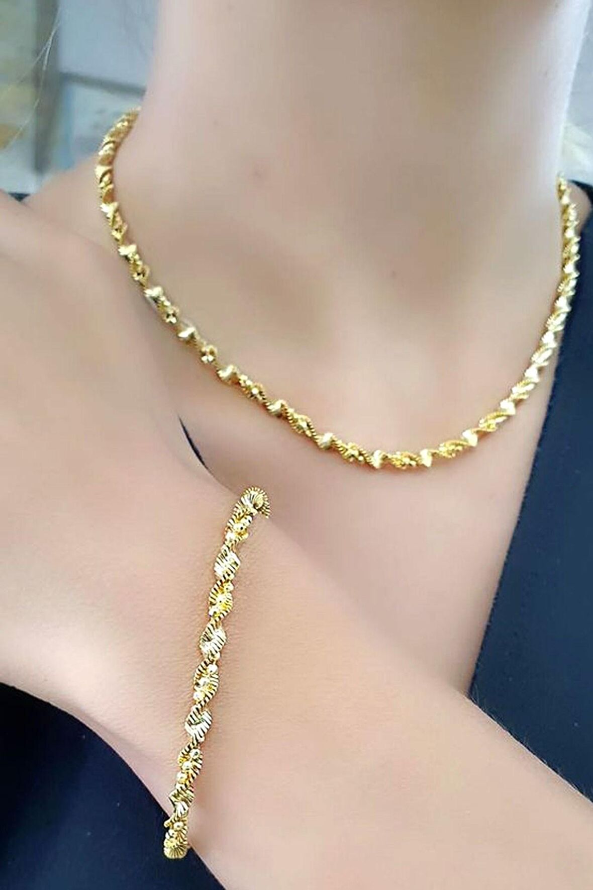 925ayar Gümüş Üzerine Altın Kaplama İtalyan Bileklik Kolye Set Takım