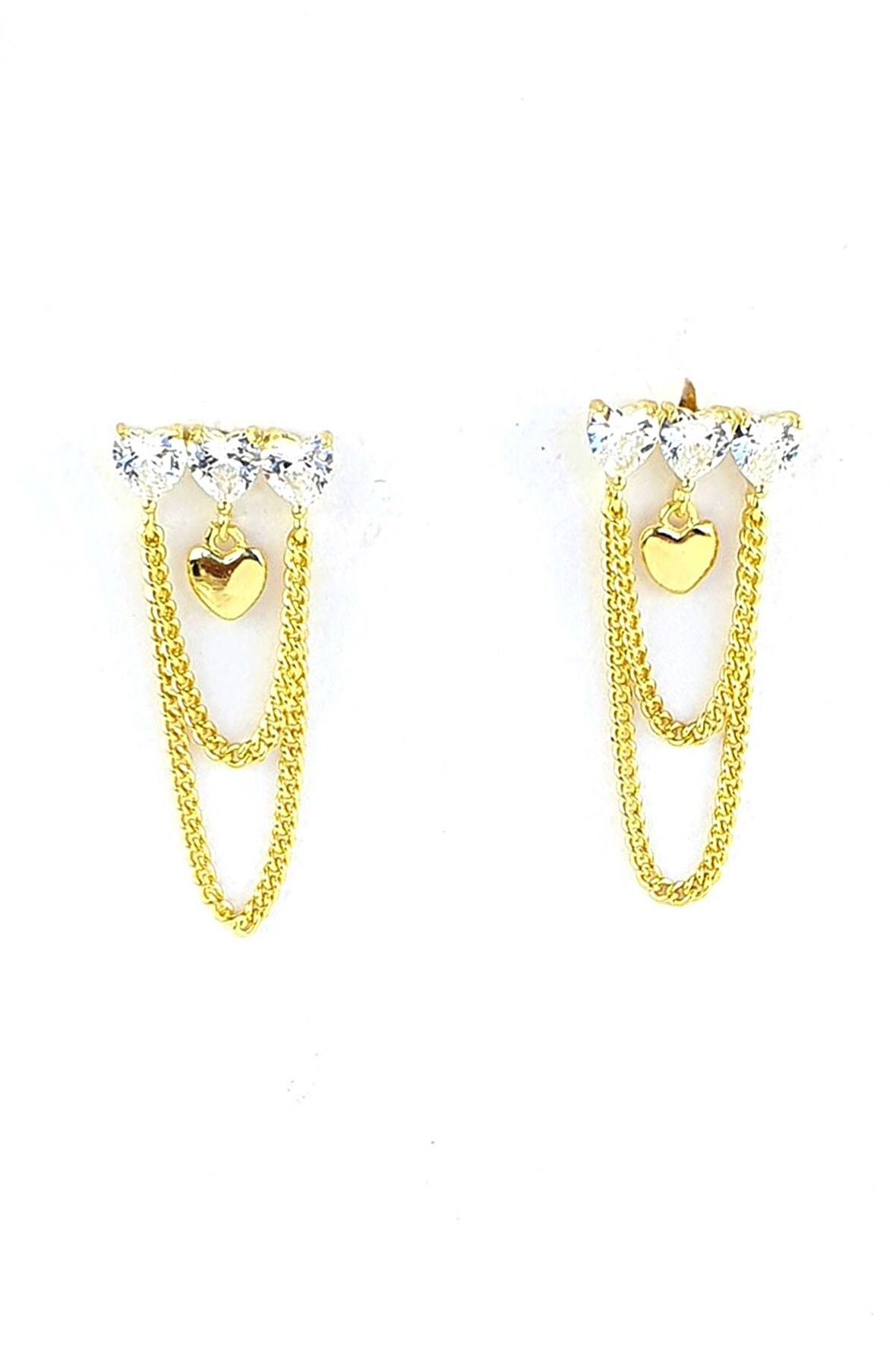 Pırlanta Parlaklığında Zirkon Taşlı Gümüş Üzerine Altın Kaplama Kalp Figürlü Zincir Detaylı Trend Küpe 