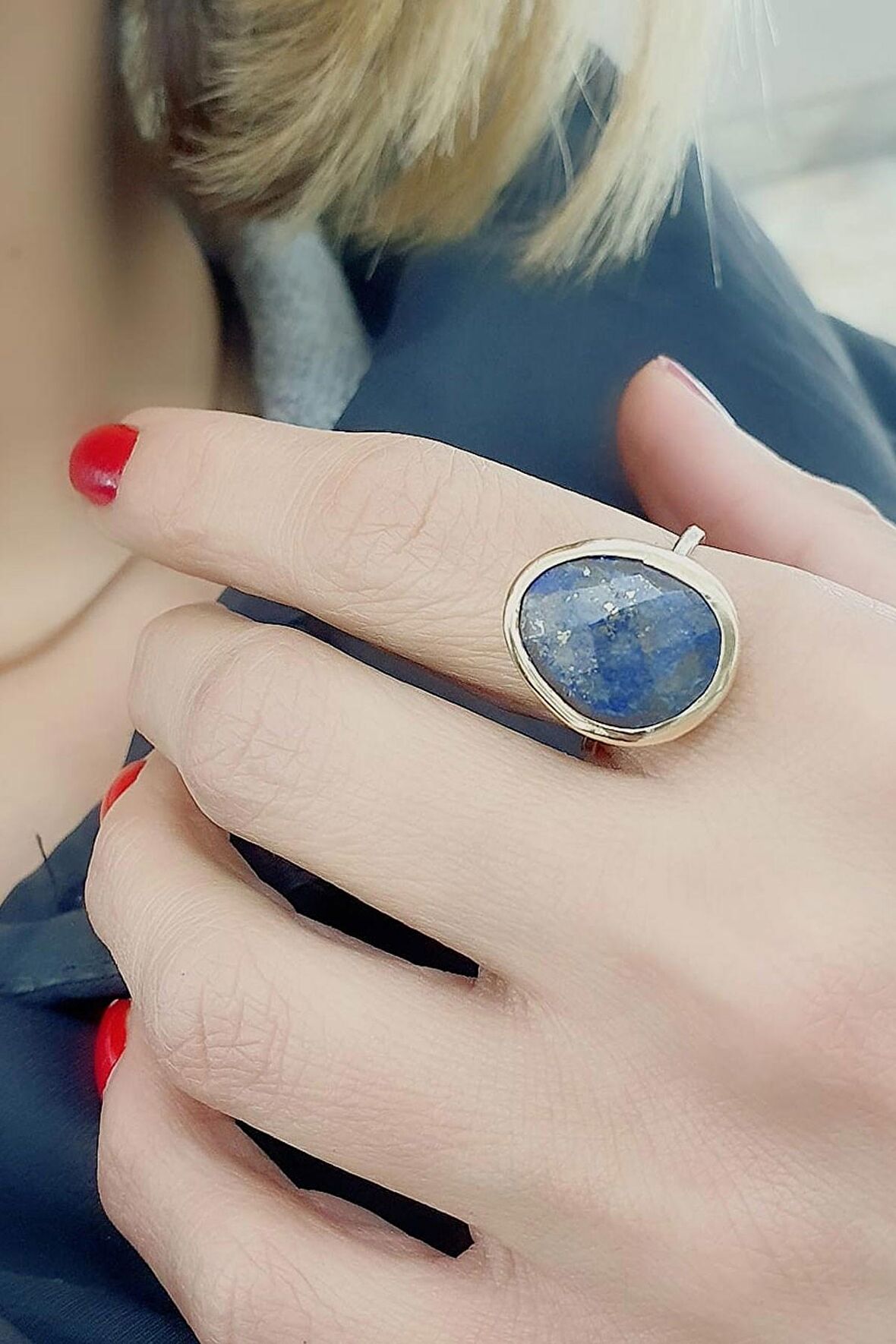 Lapis lazuli taşlı 925ayar gümüş tasarım el işi doğal taş Yüzük