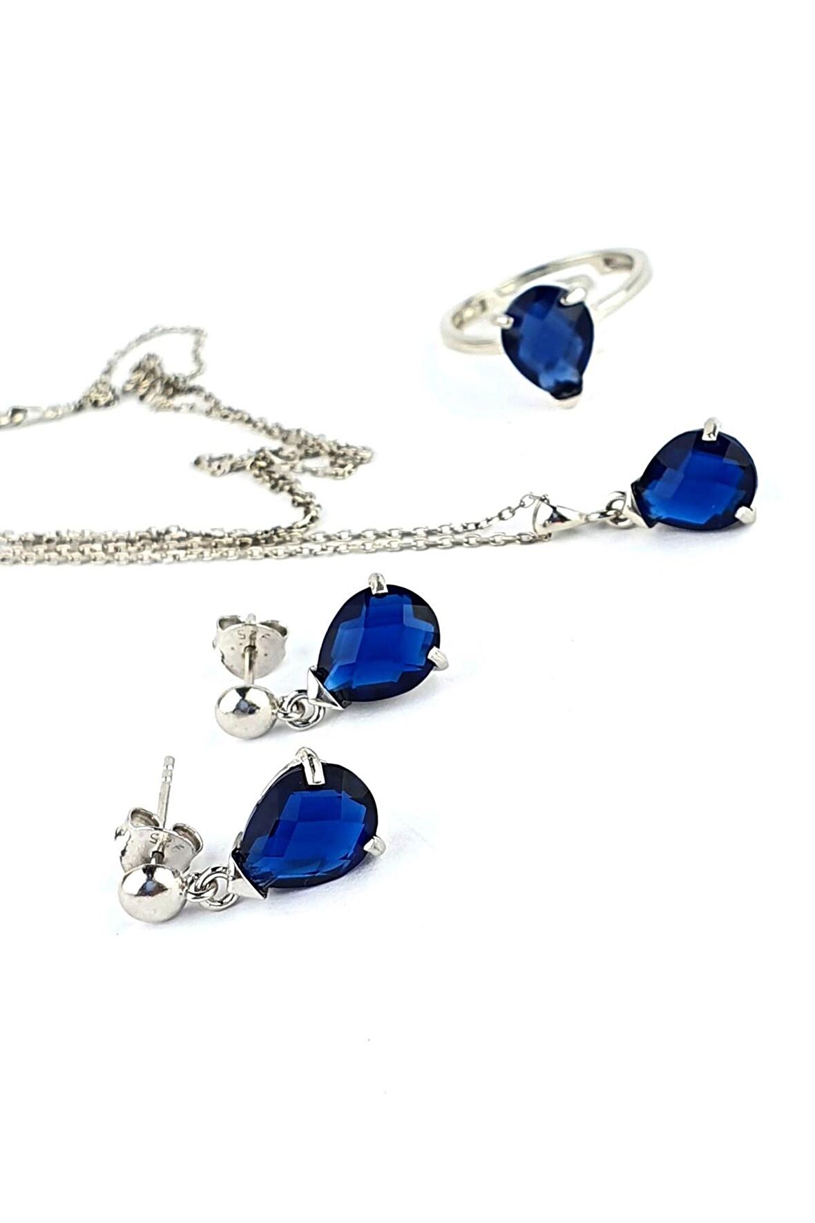 925ayar Gümüş  Lacivert Zirkon Taşlı Damla Set Takım