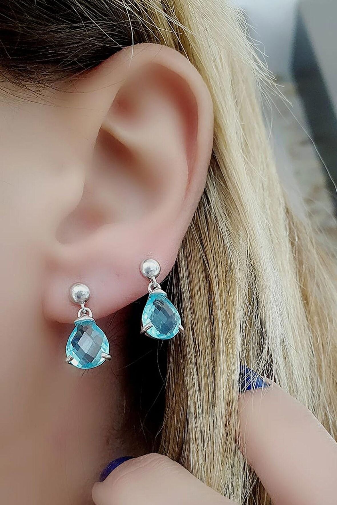 Aquamarin Taşlı 925ayar Gümüş Minimal Damla küpe