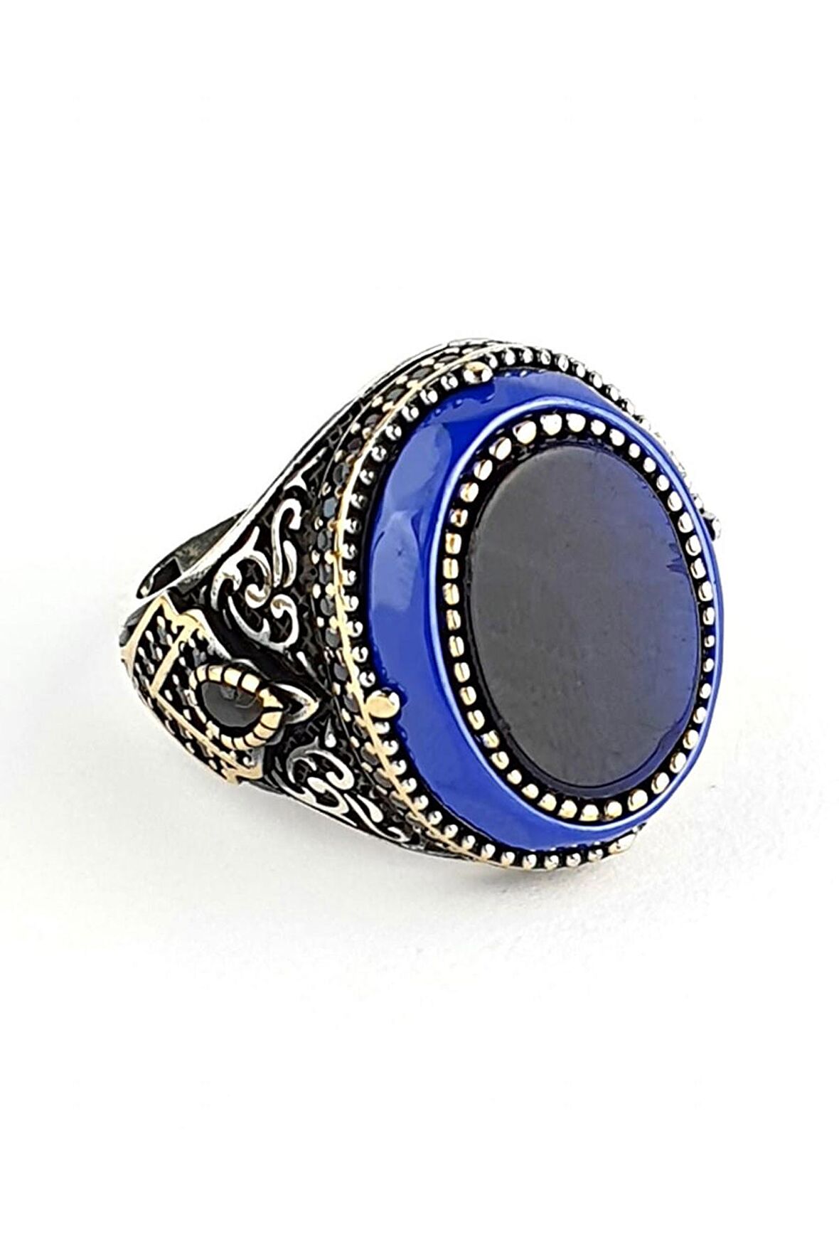 Kehribar Detaylı Mavi Kaplan  Gözü Taşlı 925ayar Gümüş Tasarım Erkek Yüzük 