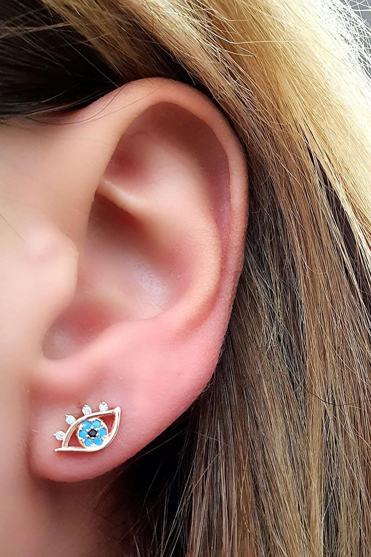 Göz Figürlü Turkuaz Taş Detaylı 925 ayar Gümüş Rose Küpe