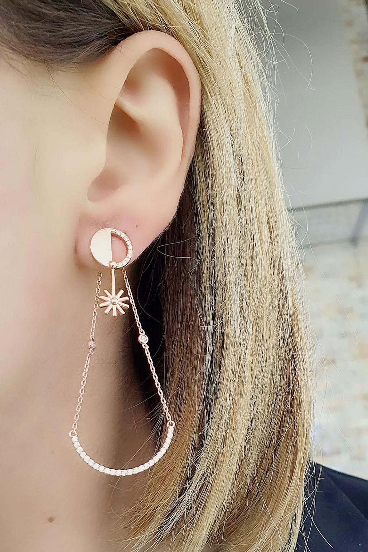 İtalyan 925ayar Gümüş Üzerine Rose Altın Kaplama Tasarım Trend Küpe