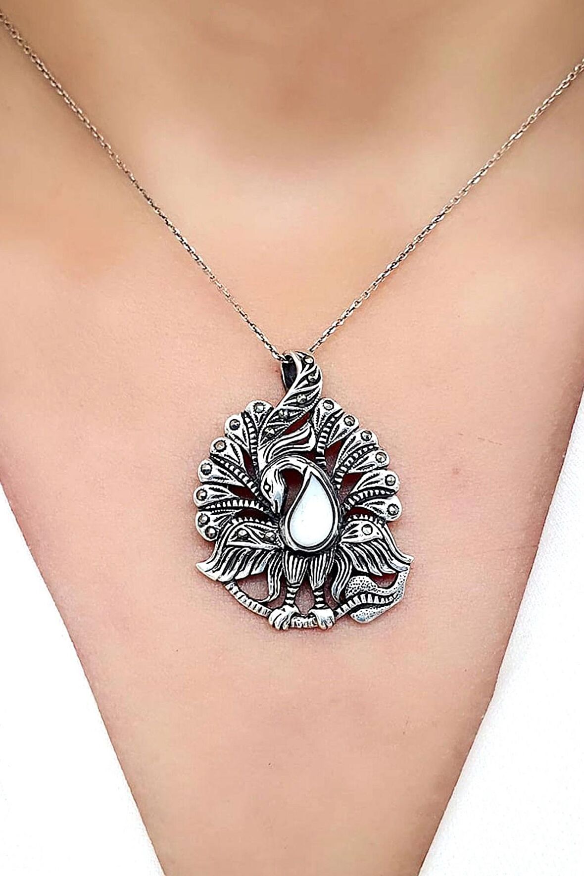 Sedef Taşlı 925ayar Gümüş Tasarım Tavus Kuşu Kolye 