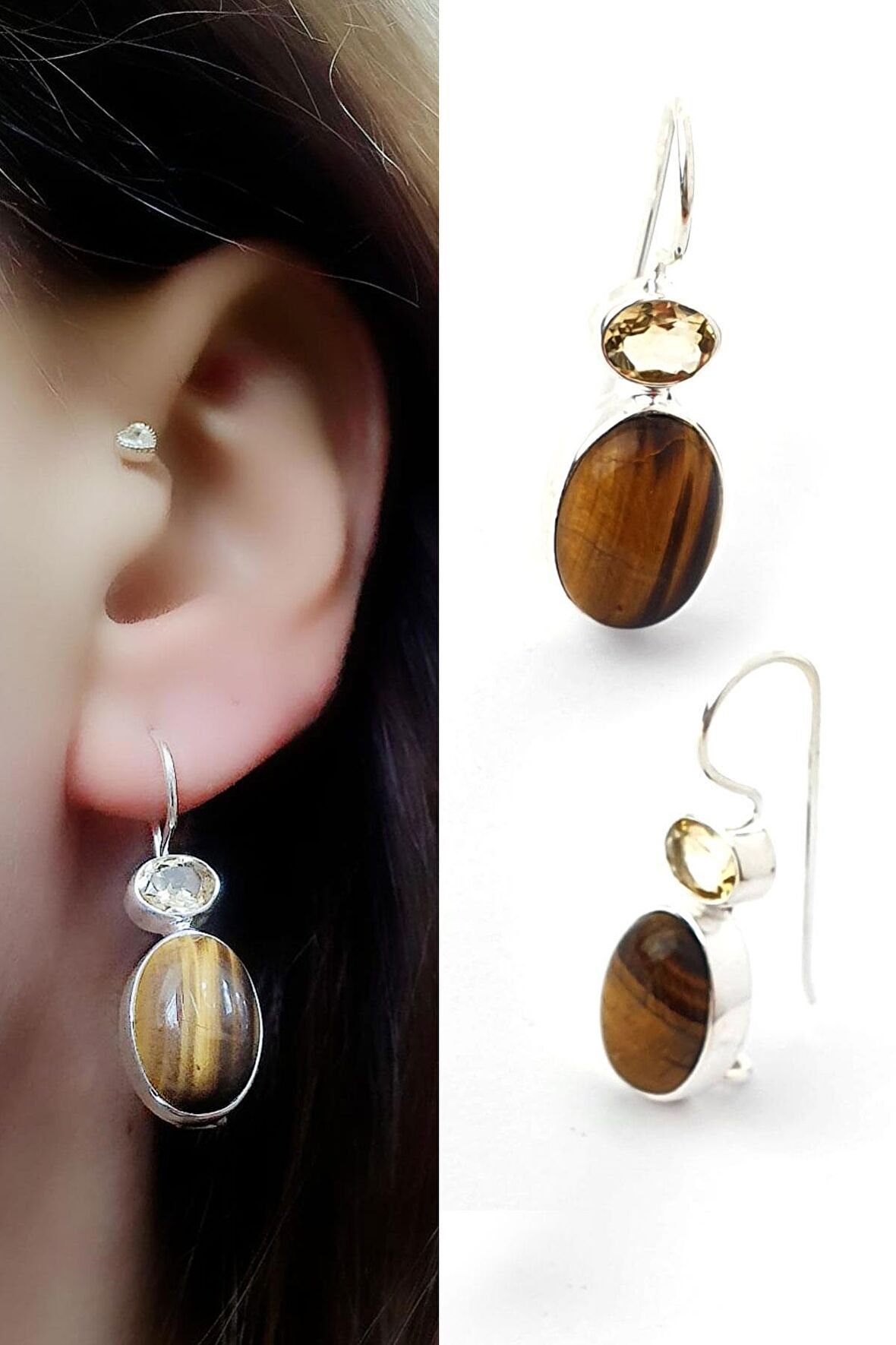 Sitrin Taşlı Kaplan gözü  Taşı 925ayar Gümüş Tasarım Küpe