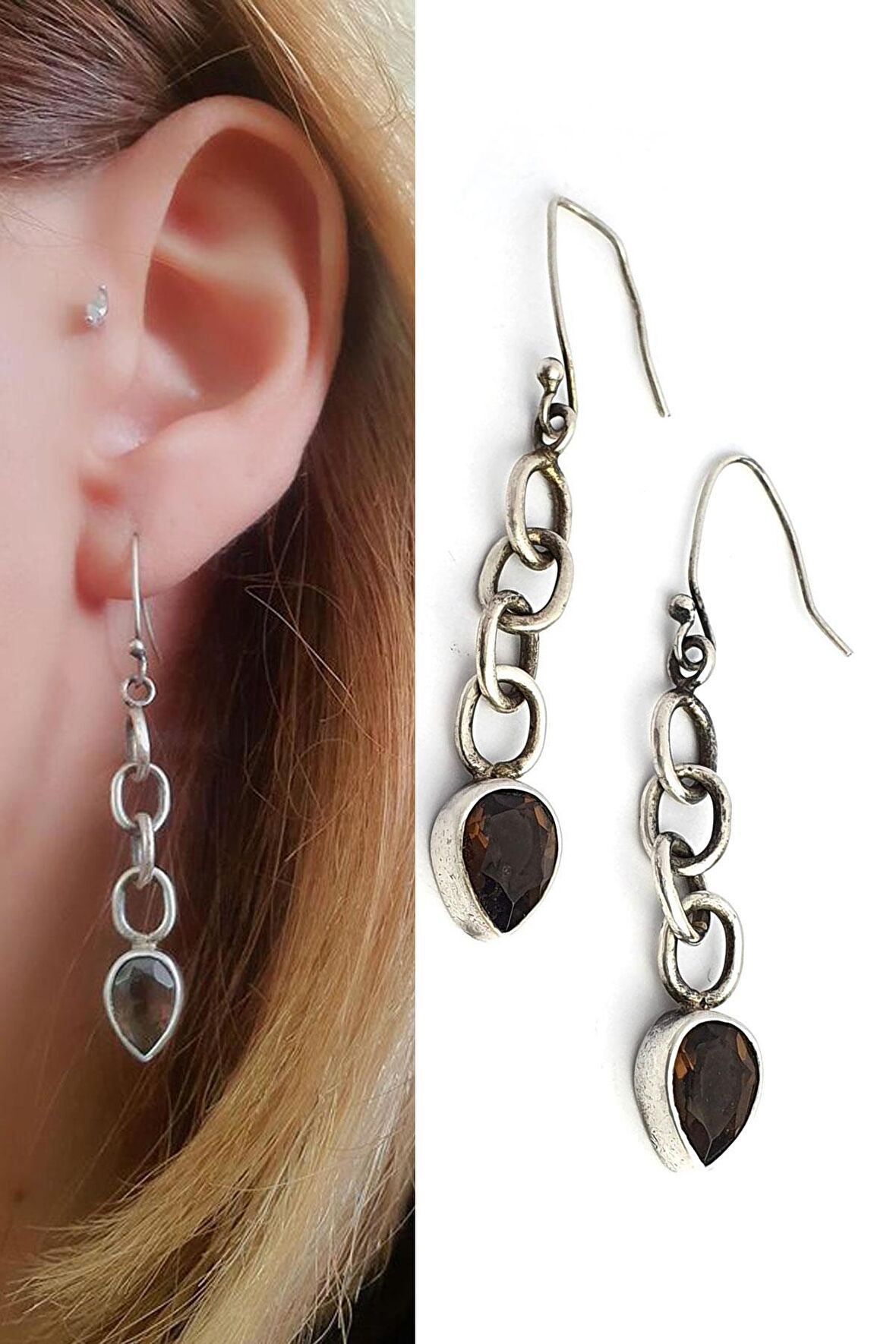 Dumanlı Kuvars Taşlı Tasarım El İşi 925ayar Gümüş Küpe