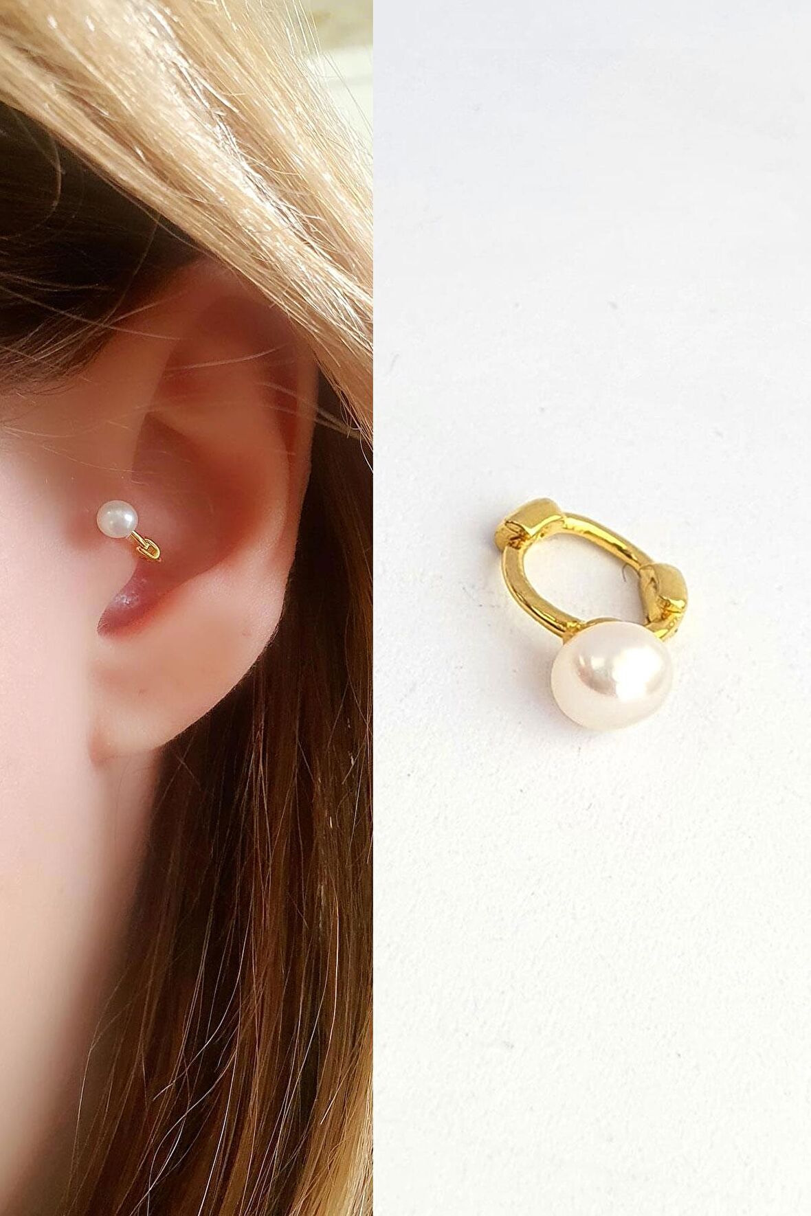 Incili 925ayar Gümüş üzerine Altın kaplama Tragus Halka Piercing
