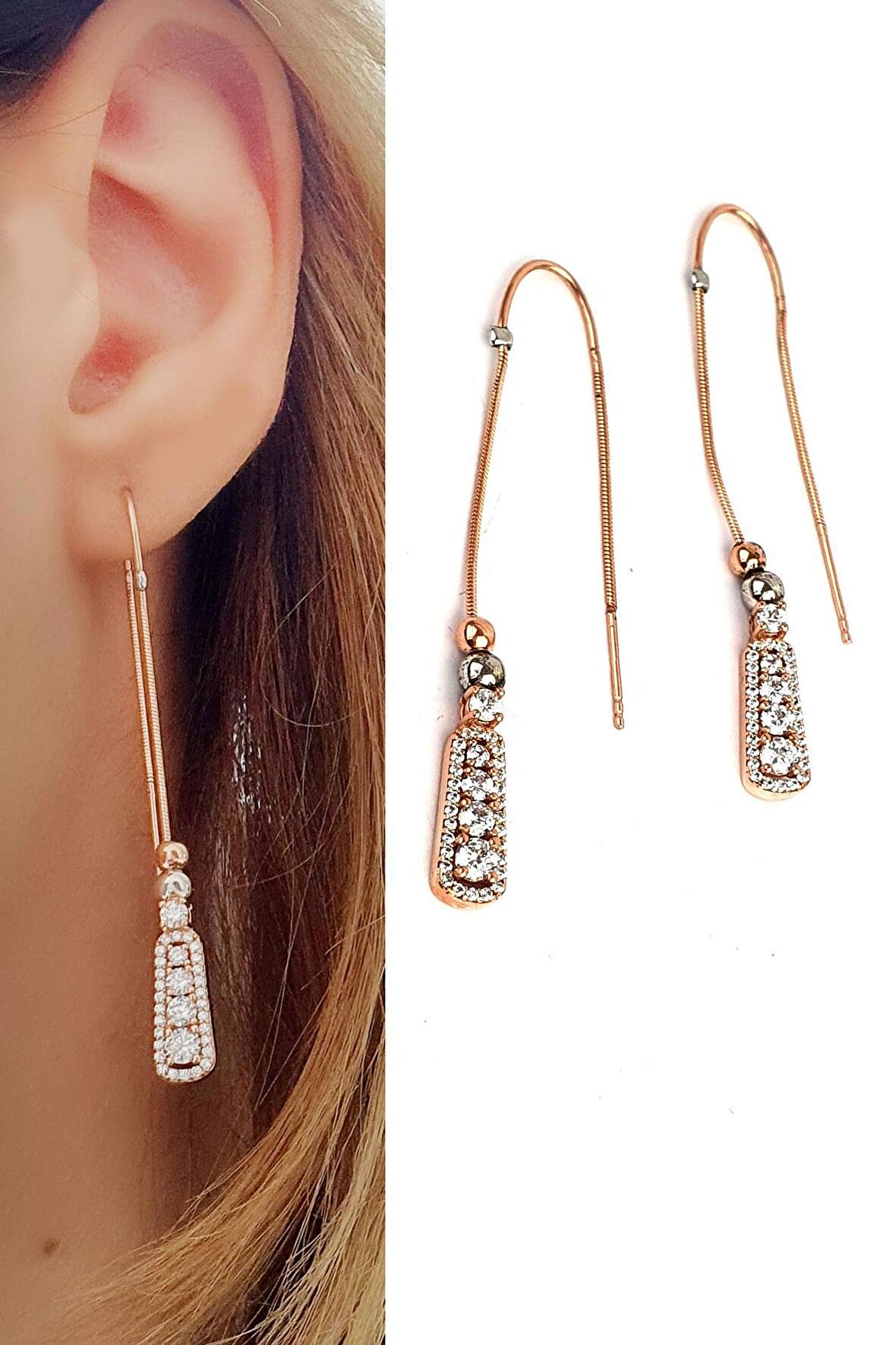 Zirkon Taşlı 925ayar Gümüş Üzerine Rose Altın Kaplama Zincir Küpe