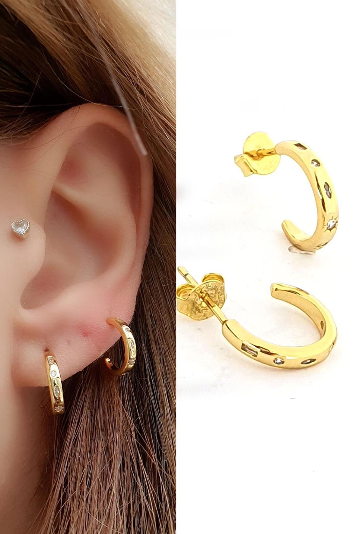 Zirkon Taş Detaylı 925ayar Gümüş Üzerine Altın Kaplama İtalyan Yarım Halka Küpe