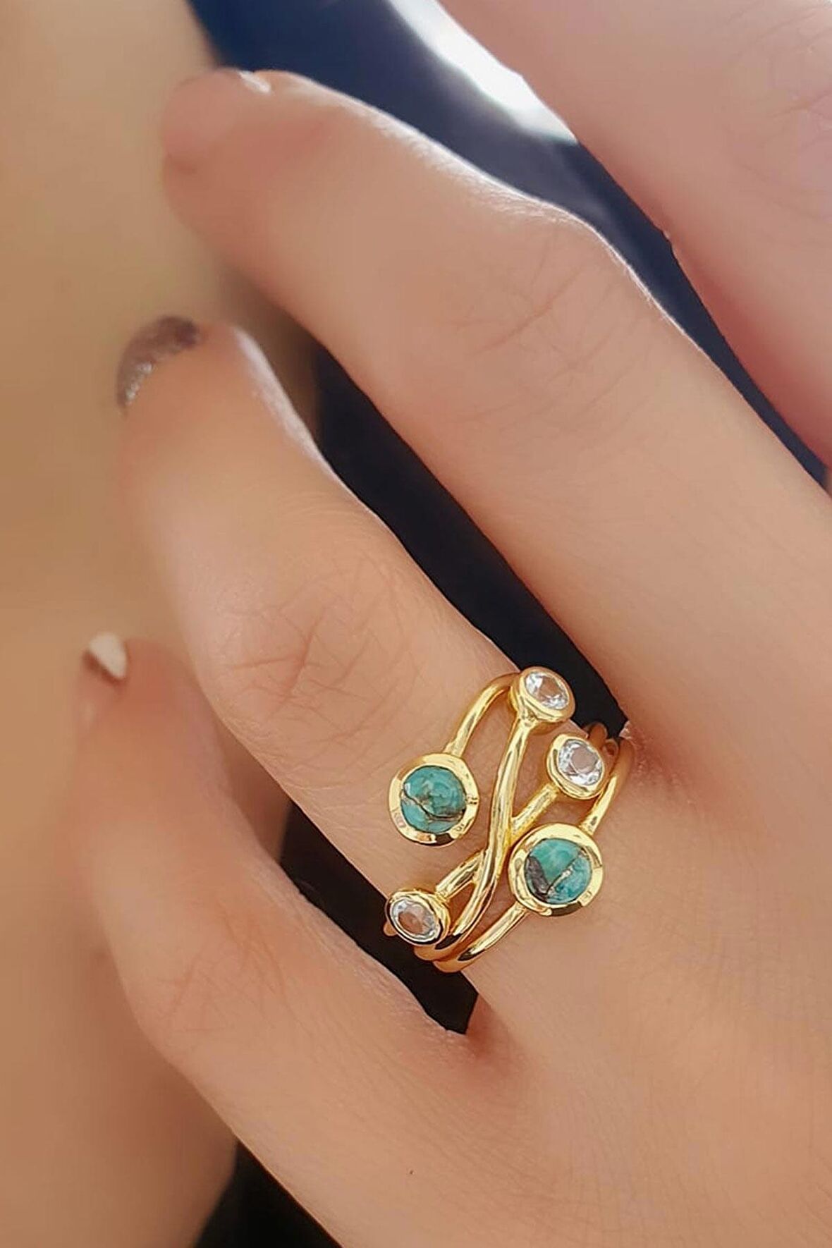 Turkuaz ve Mavi Topaz Taşlı 925ayar Gümüş Üzerine Altın Kaplama Tasarım Doğal Taş Yüzük