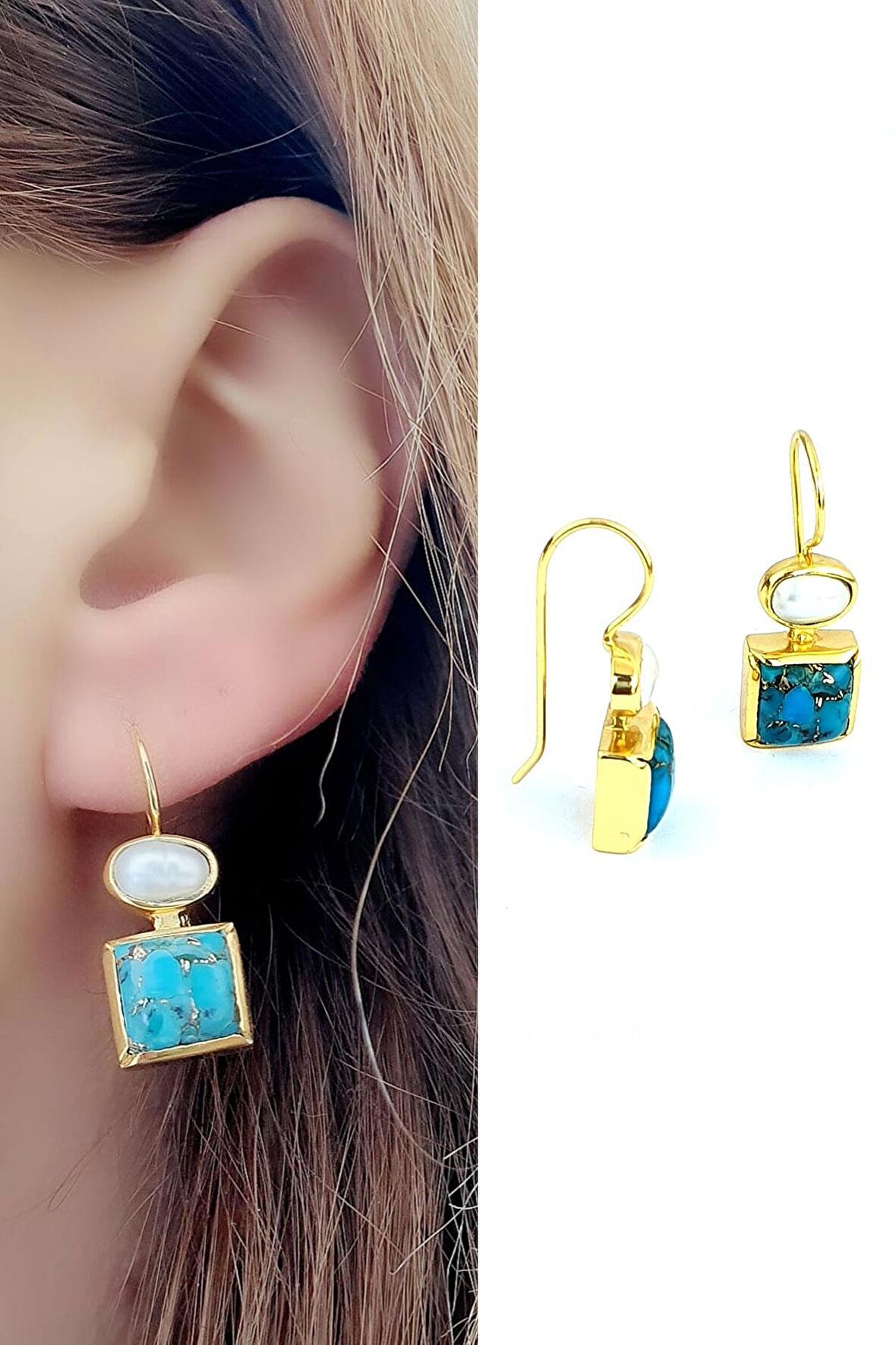 İnci ve Turkuaz Taşlı 925ayar Gümüş Üzerine Altın Kaplama Tasarım Doğal Taş Küpe