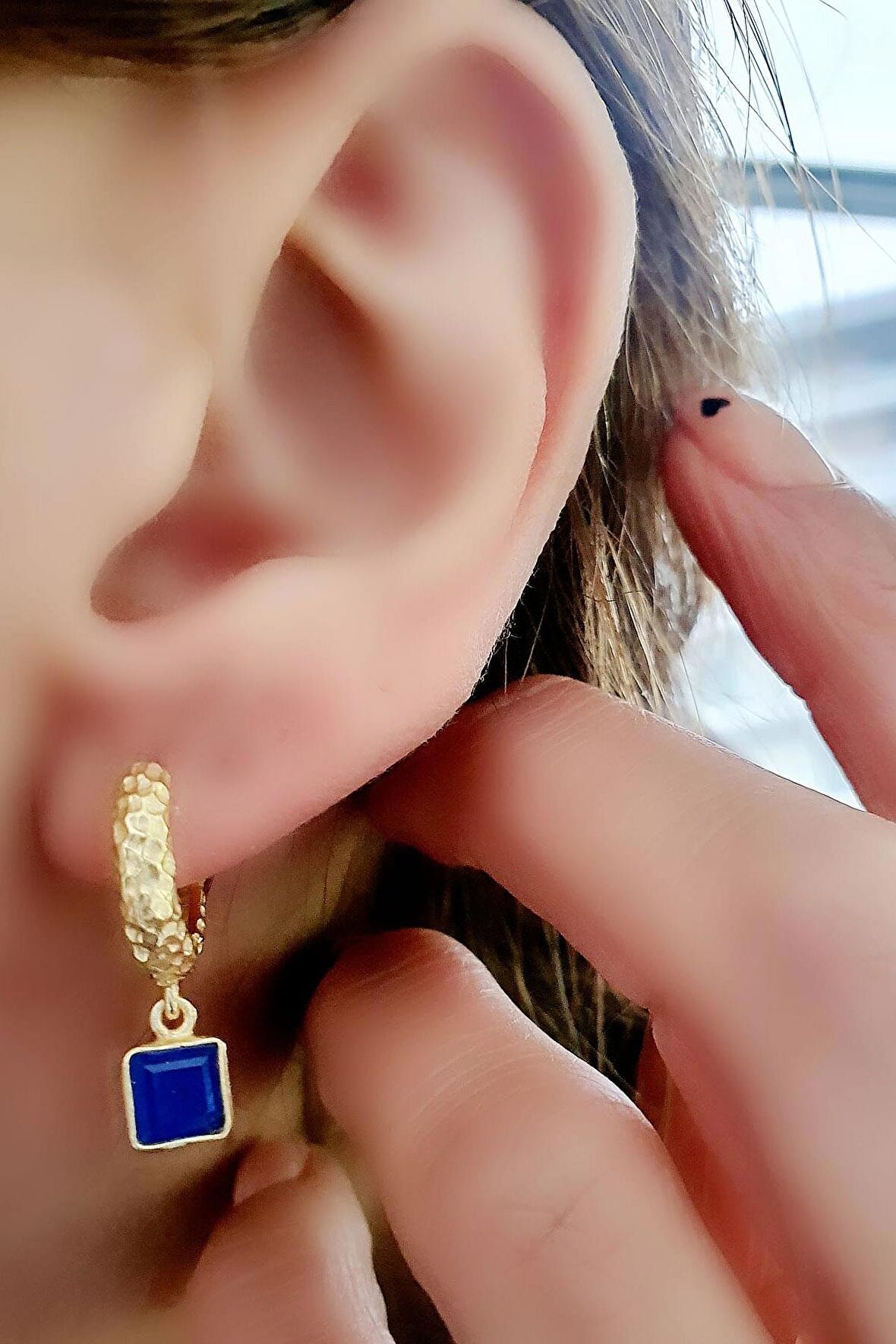 Lapİs Taşlı 925ayar Gümüş Üzerine Altın Kaplama Tasarım Doğal Taş Halka Küpe 