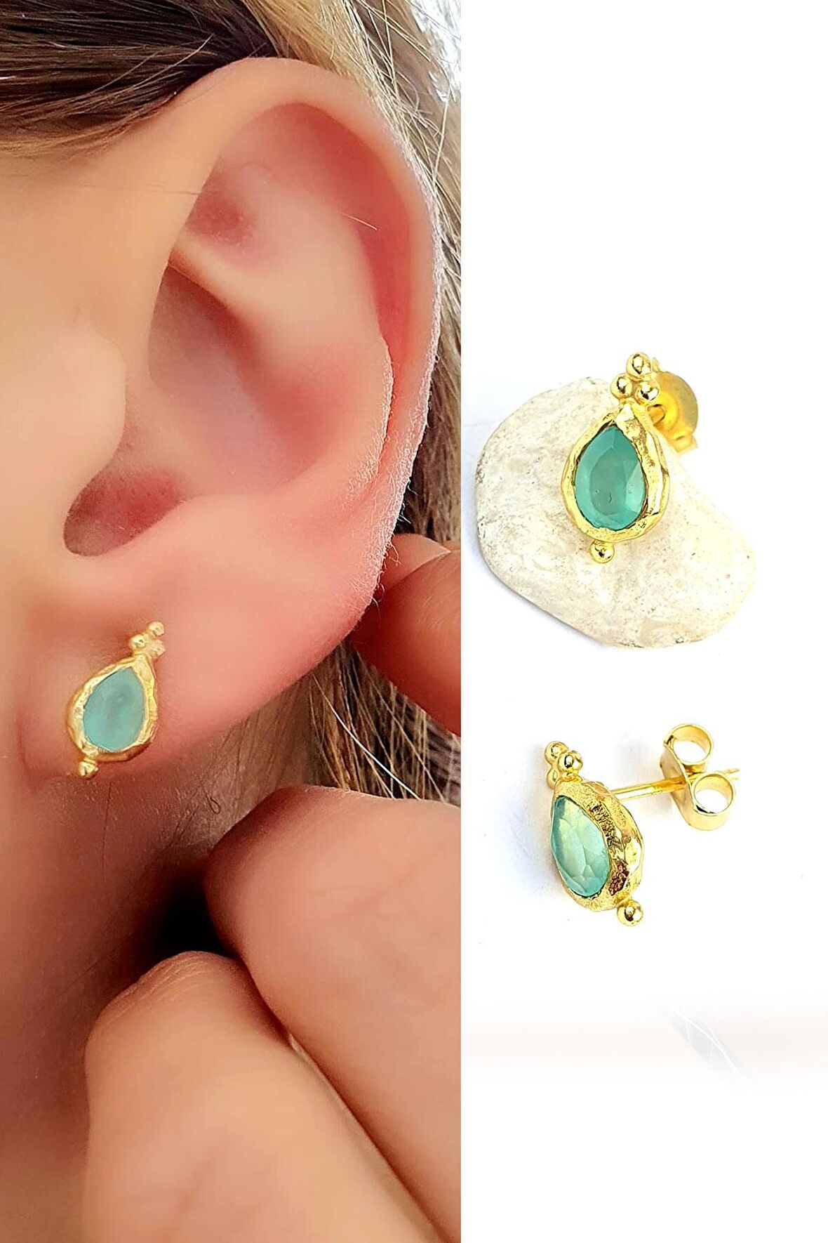 KALSEDON Taşı 925ayar Gümüş üzerine Altın kaplama tasarım Doğal Taş Minimal Küpe 