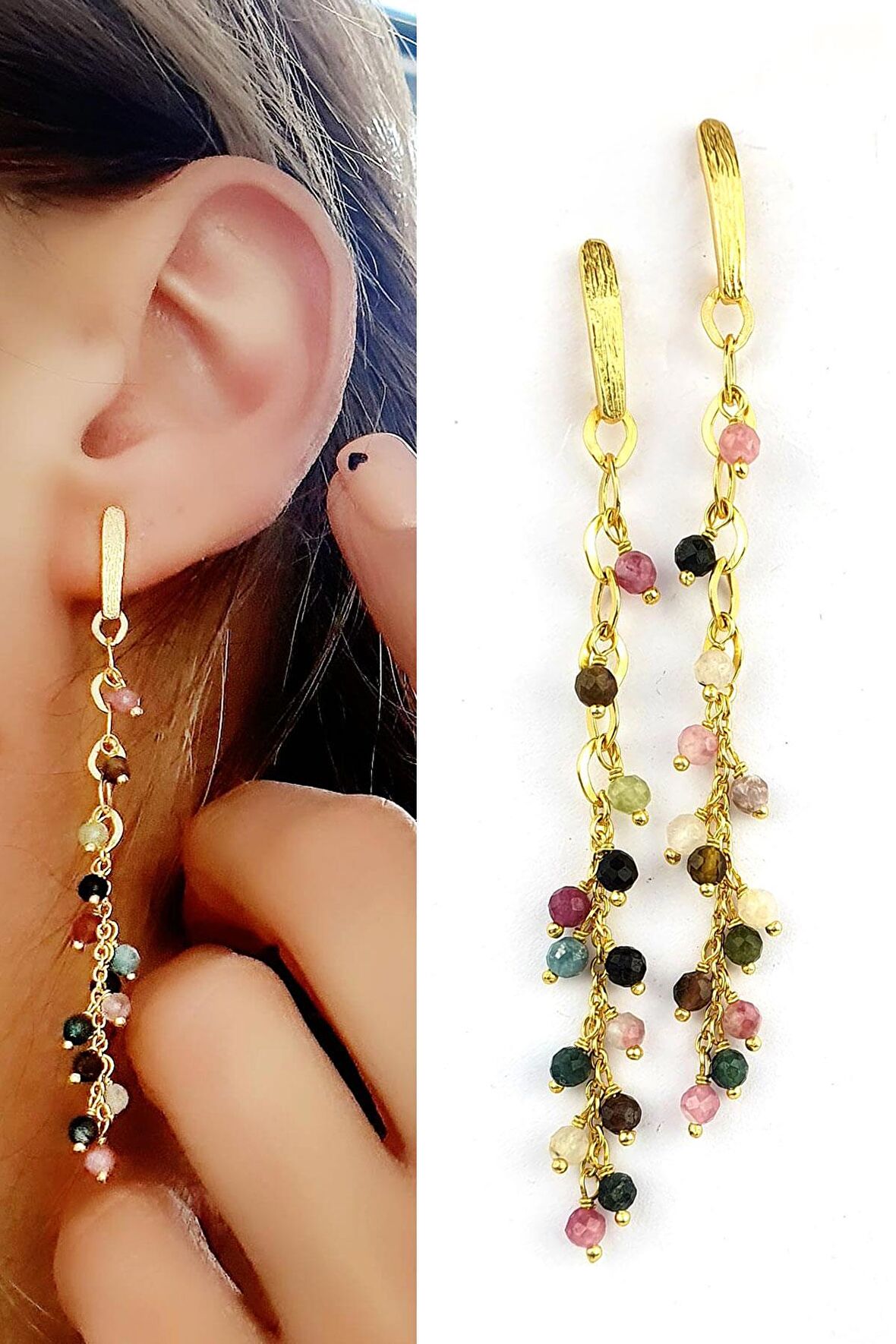 Turmalin Taşlı 925ayar Gümüş Üzerine Altın Kaplama Tasarım Doğal Taş Sallantılı Küpe