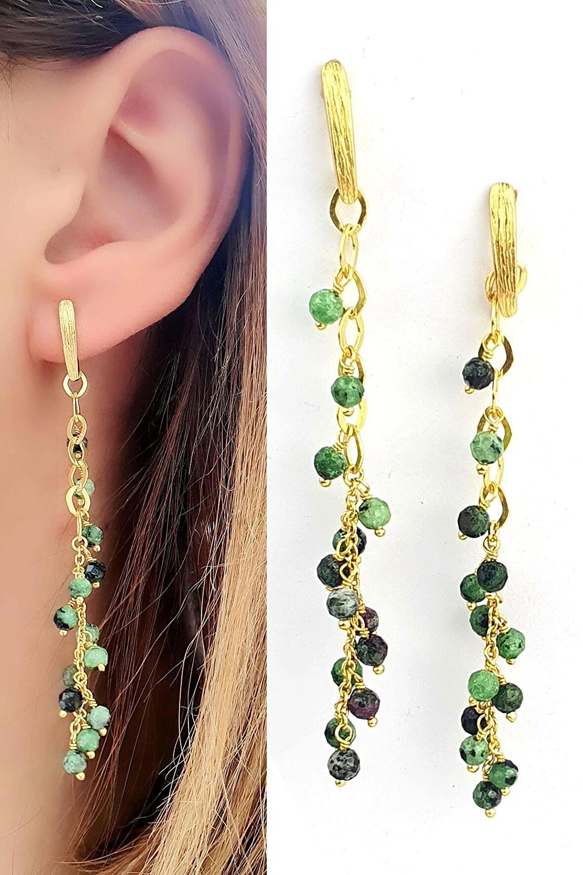 Agat Taşlı 925ayar Gümüş Üzerine Altın Kaplama Tasarım Doğal Taş Sallantılı Küpe 