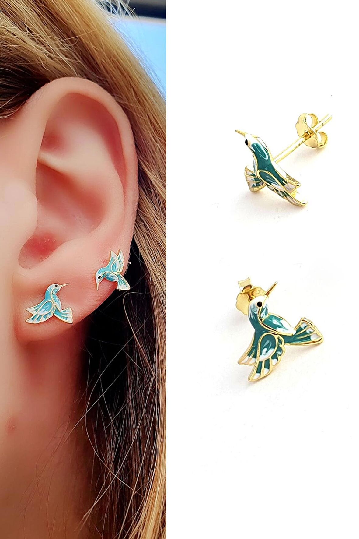 Mavi Mine işçiliği 925ayar gümüş Üzerine altın kaplama Totem Kuşu Tasarım Küpe 