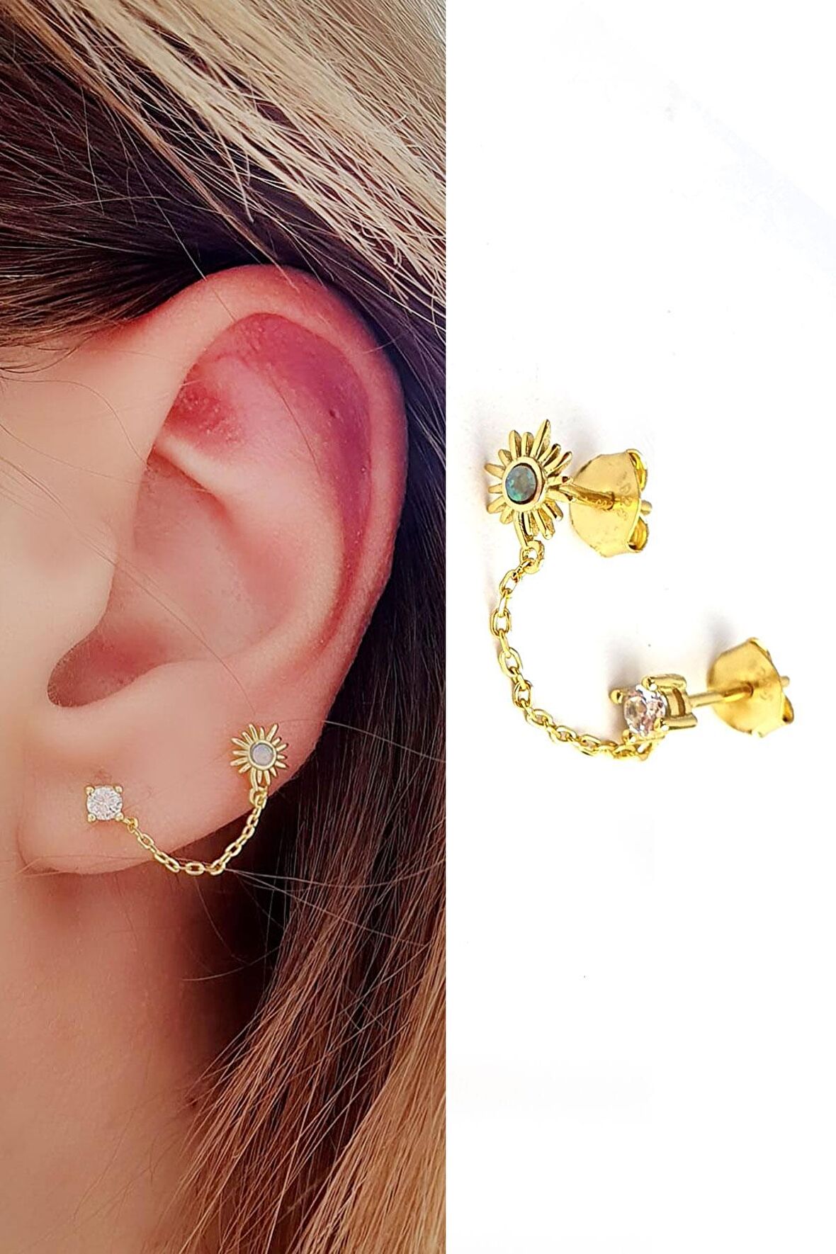 Opal taşlı güneş figürlü tek taş detaylı 925ayar gümüş Üzerine altın kaplama Çift Deliğe Takılan Zincir Tek Küpe