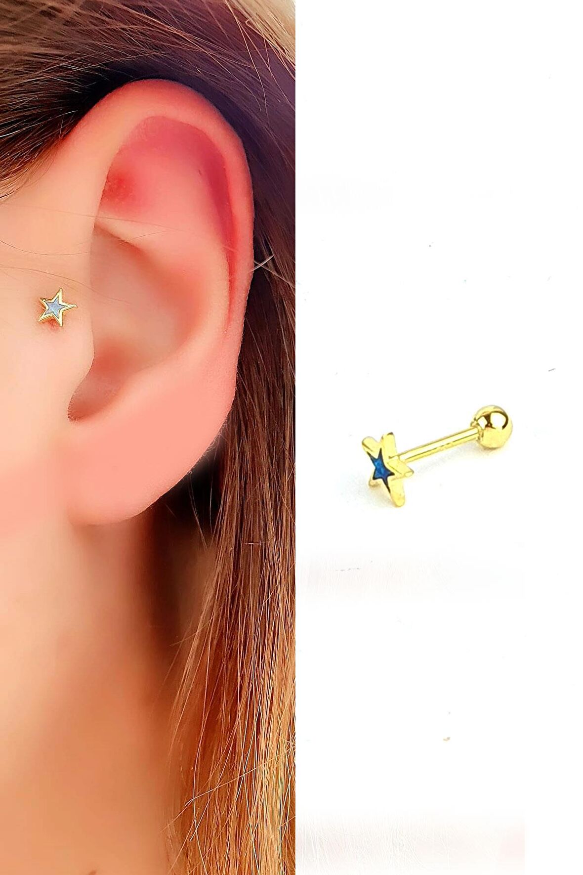 Opal Taşlı 925ayar Gümüş Üzerine Altın Kaplama Yıldız figürlü Tragus Kıkırdak Piercing