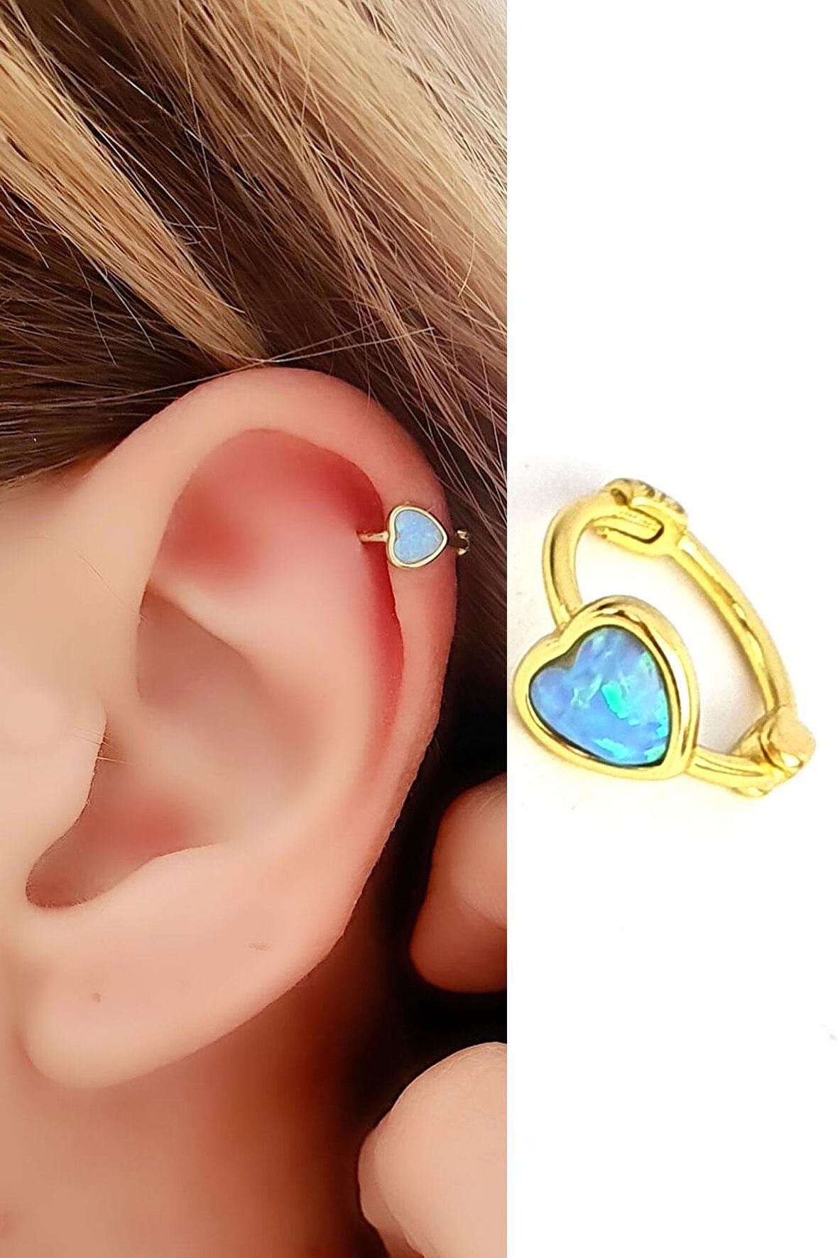 Opal Taş Detaylı 925ayar Gümüş Üzerine Altın Kaplama Kalp kıkırdak tek halka küpe