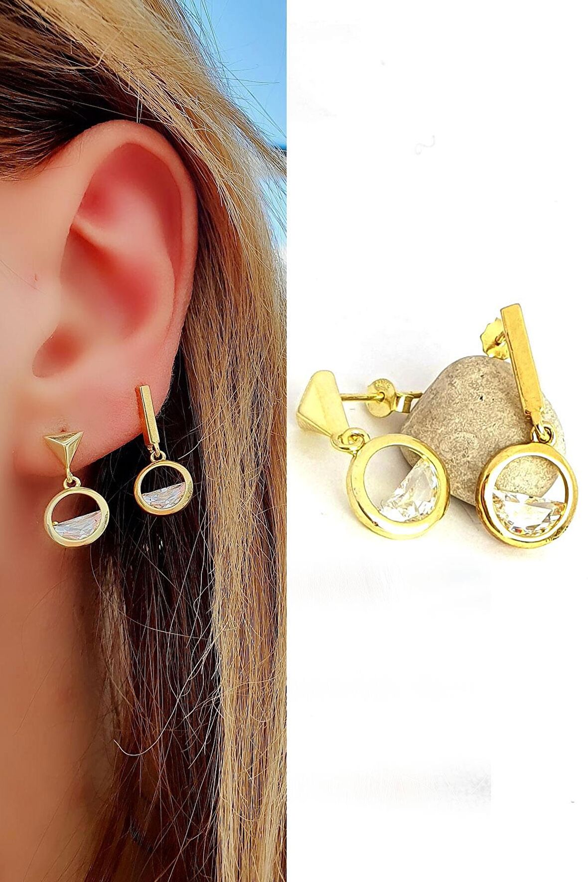 925ayar Gümüş Üzerine Altın Kaplama Tasarım Zirkon Taşlı Asimetrik Küpe