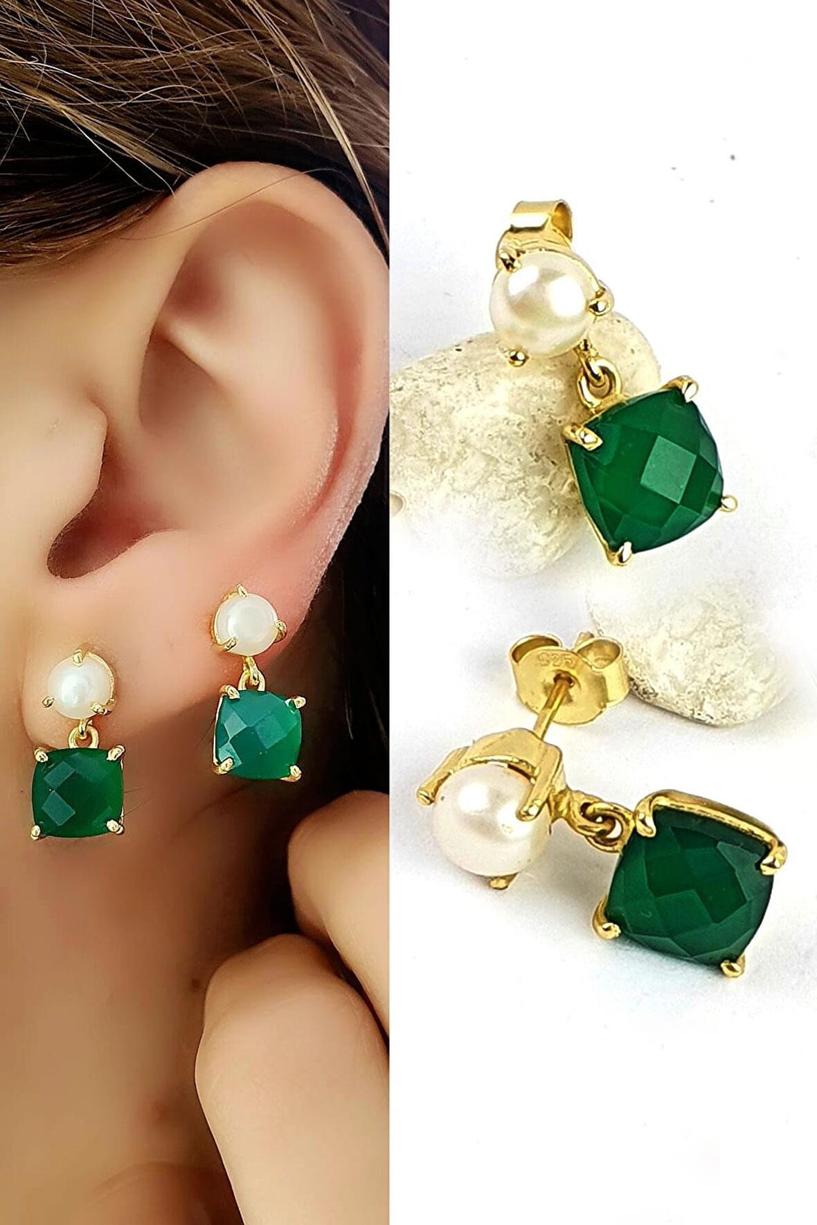 İnci ve Yeşim Taşlı 925ayar Gümüş Üzerine Altın Kaplama Tasarım Doğal Taş Küpe