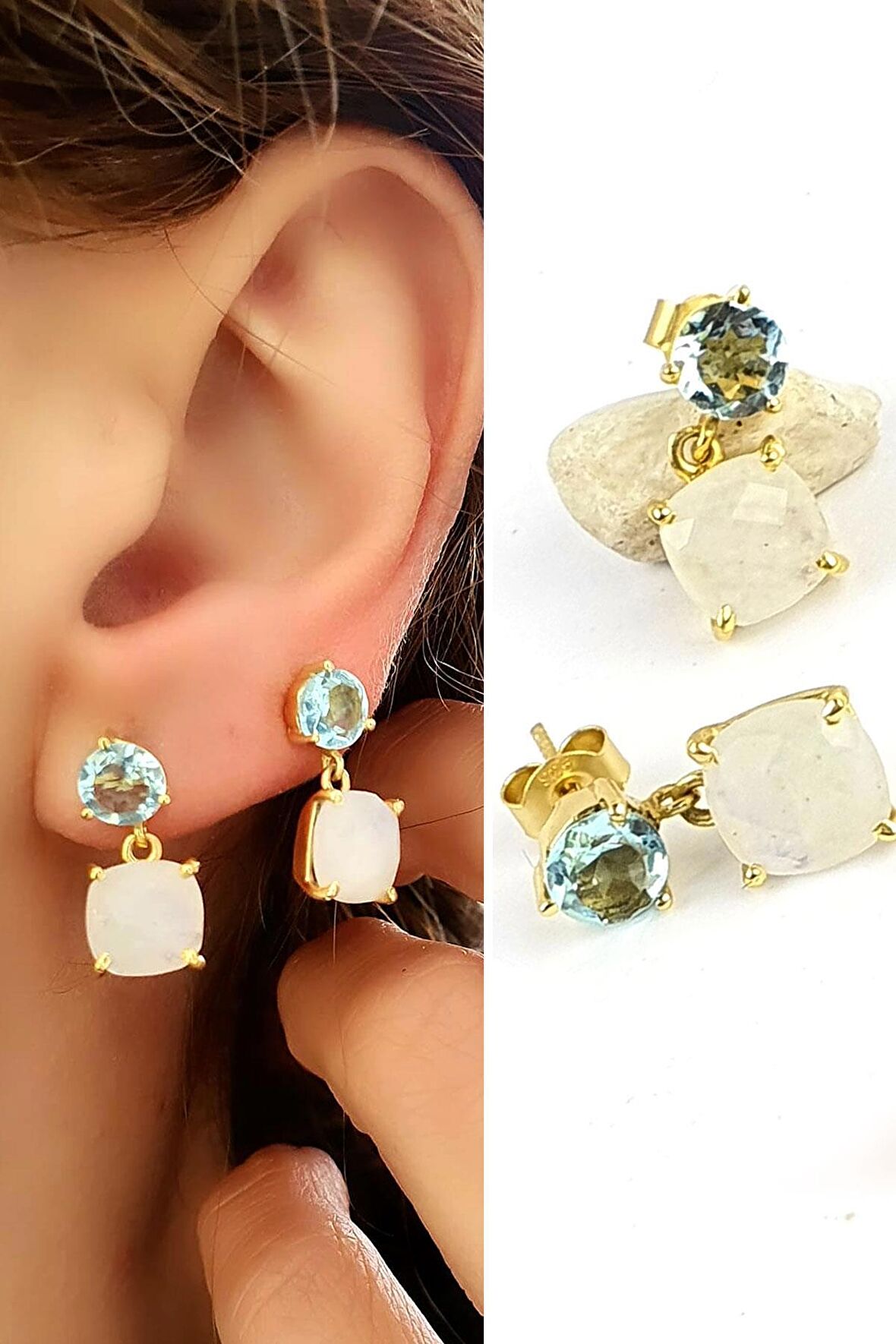 Aquamarin ve Ay Taşlı 925ayar Gümüş üzerine Altın kaplama tasarım Doğal Taş Küpe