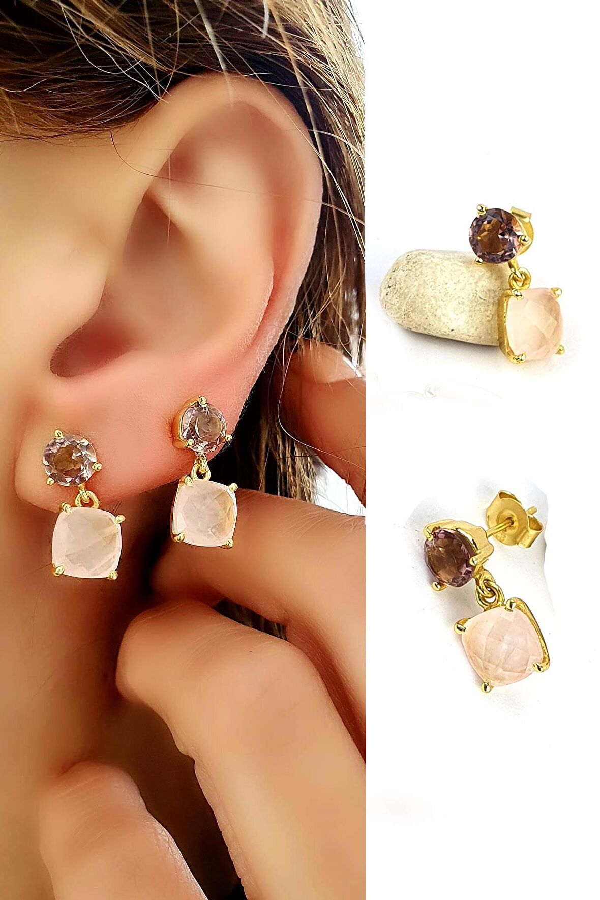 Ametist ve pembe kuvars taşlı 925ayar Gümüş üzerine Altın kaplama tasarım Doğal Taş Küpe