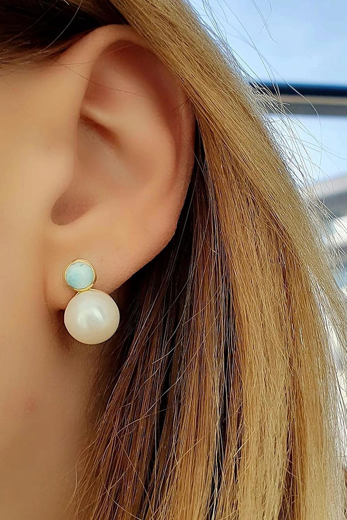 İnci ve Larimar Taşlı 925ayar Gümüş Üzerine Altın Kaplama Tasarım Doğal Taş Küpe