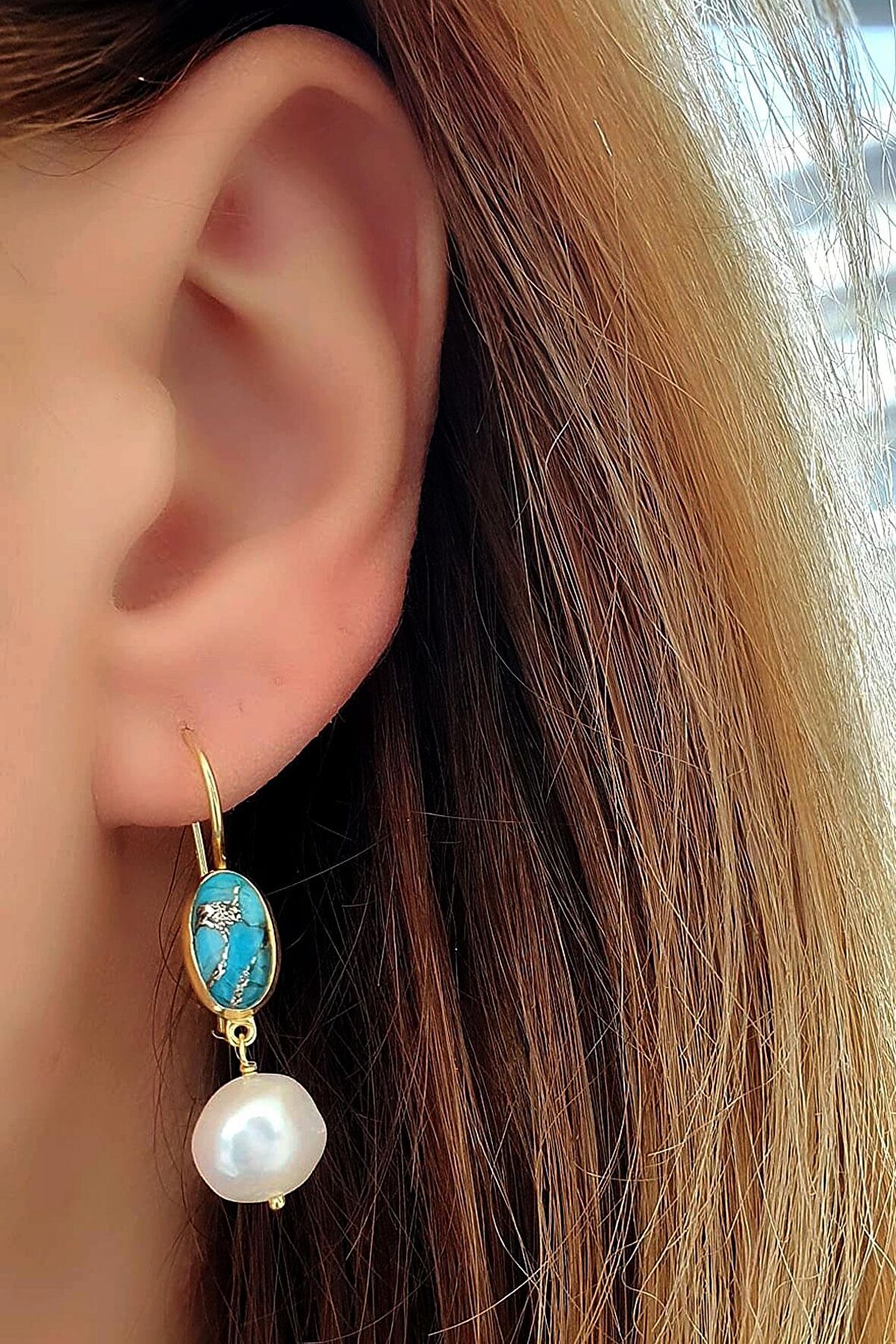 Turkuaz ve Barok İncili 925ayar Gümüş Üzerine Altın Kaplama Tasarım Doğal Taş Küpe 