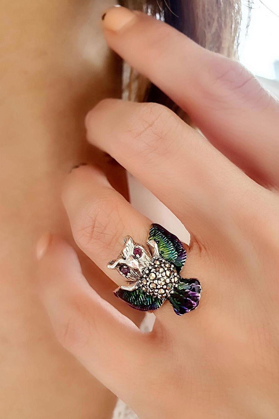 Markazit Taş Detaylı Mineli 925ayar Gümüş Baykuş Tasarım Yüzük